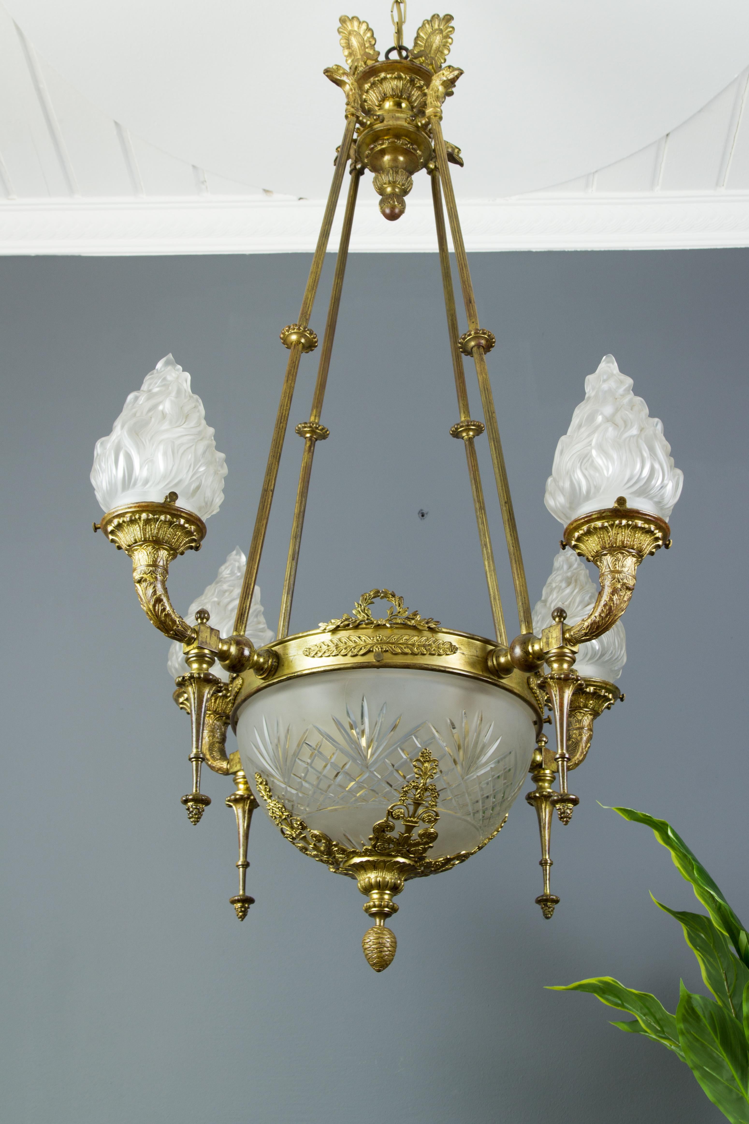 Antique Gilt Bronze and Frosted Glass Chandelier, 1920s Antique Gilt Bronze and Frosted Glass Chandelier, 1920s