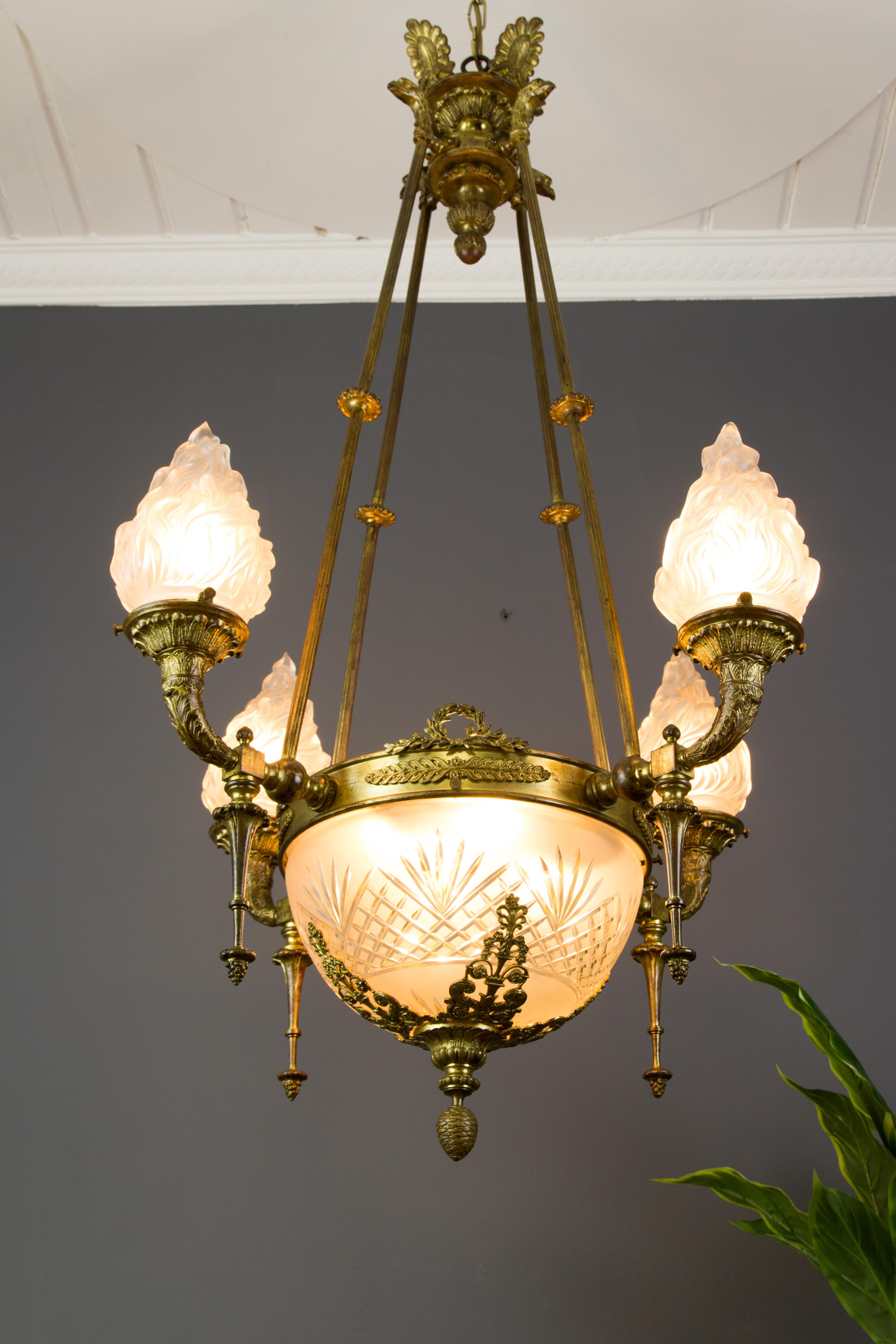 Antique Gilt Bronze and Frosted Glass Chandelier, 1920s Antique Gilt Bronze and Frosted Glass Chandelier, 1920s