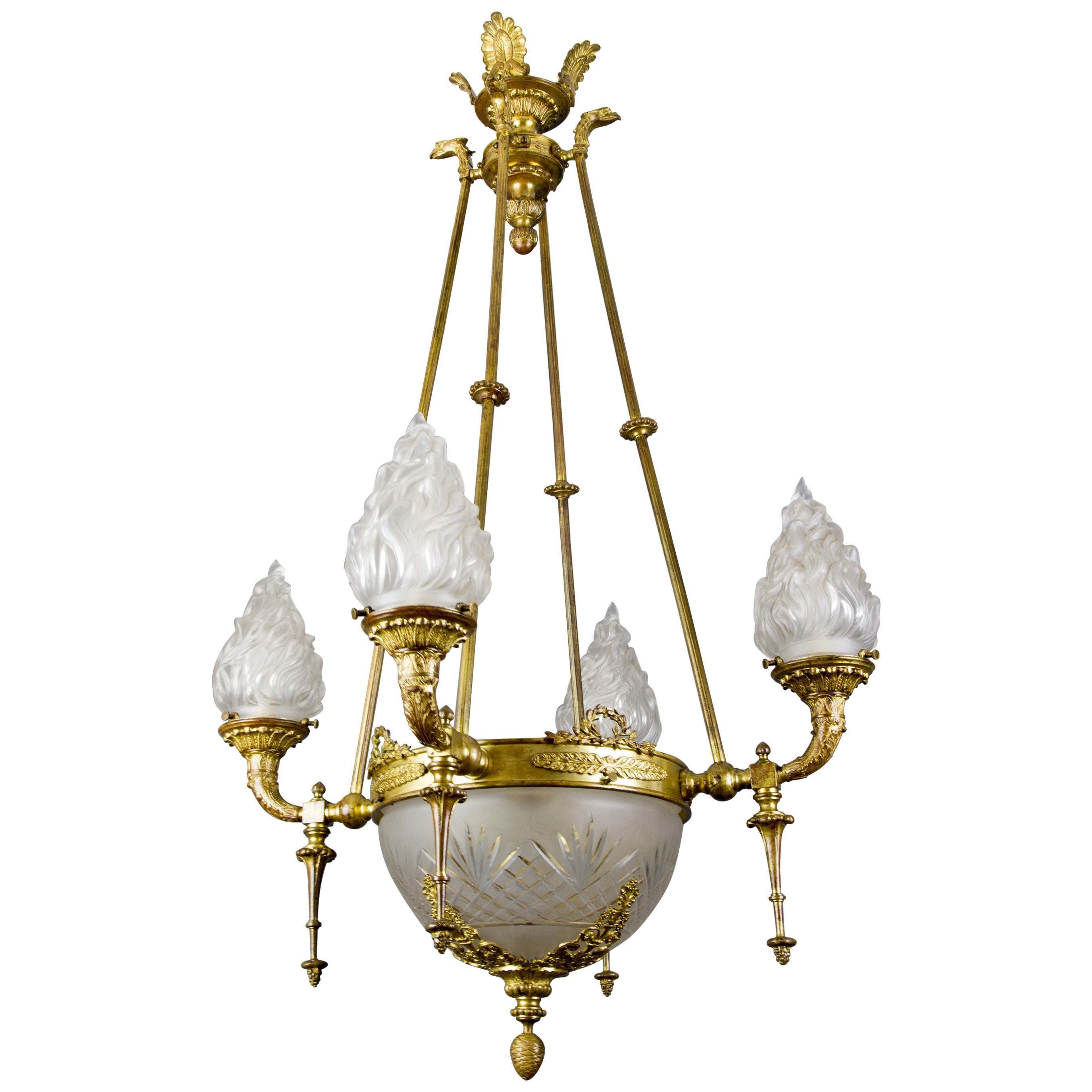 Antique Empire Style French Bronze and Frosted Flame Glass Chandelier Antique Empire Style French Bronze and Frosted Flame Glass Chandelier