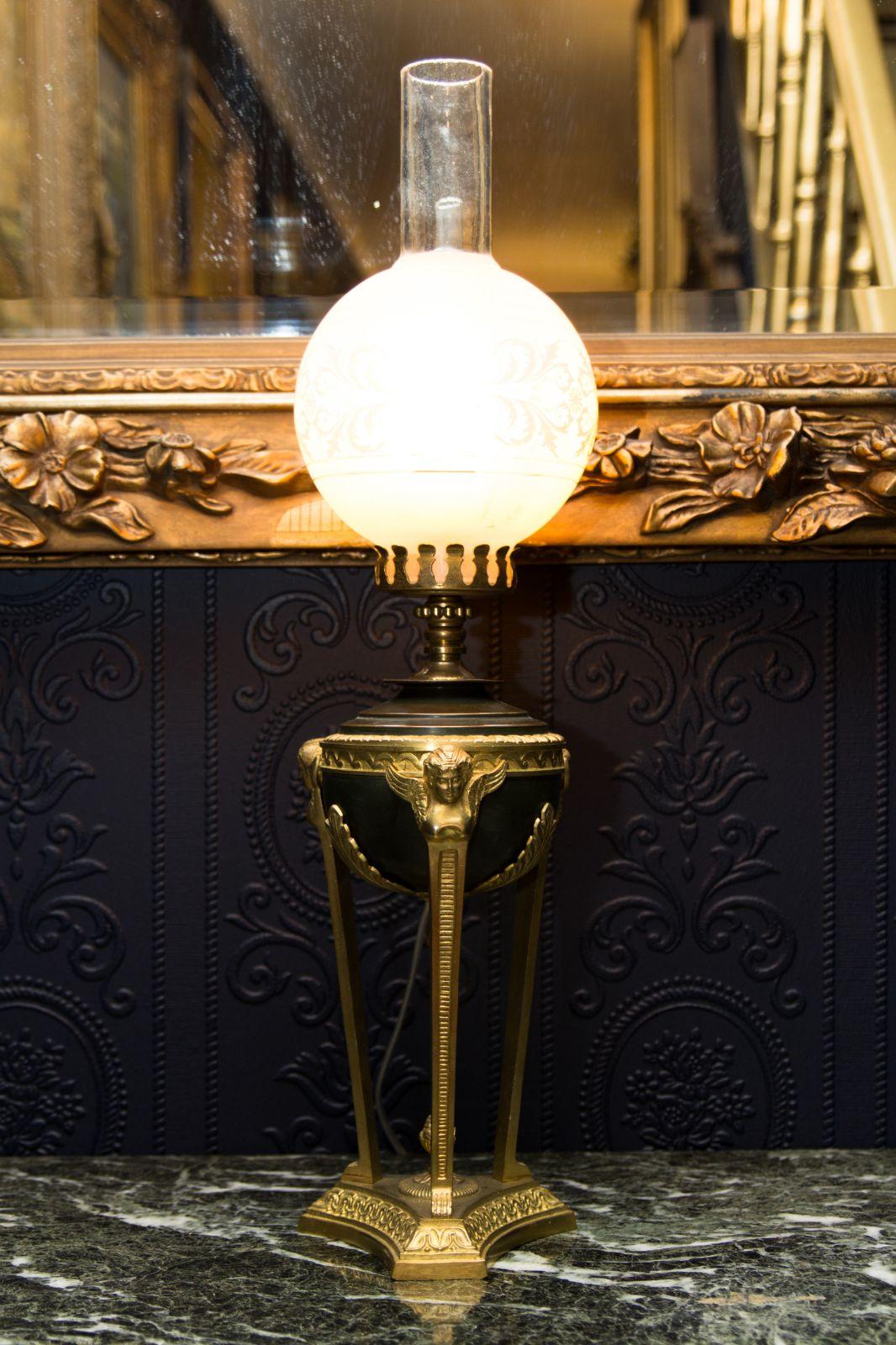 Frosted French Empire Style Bronze and Glass Table Lamp