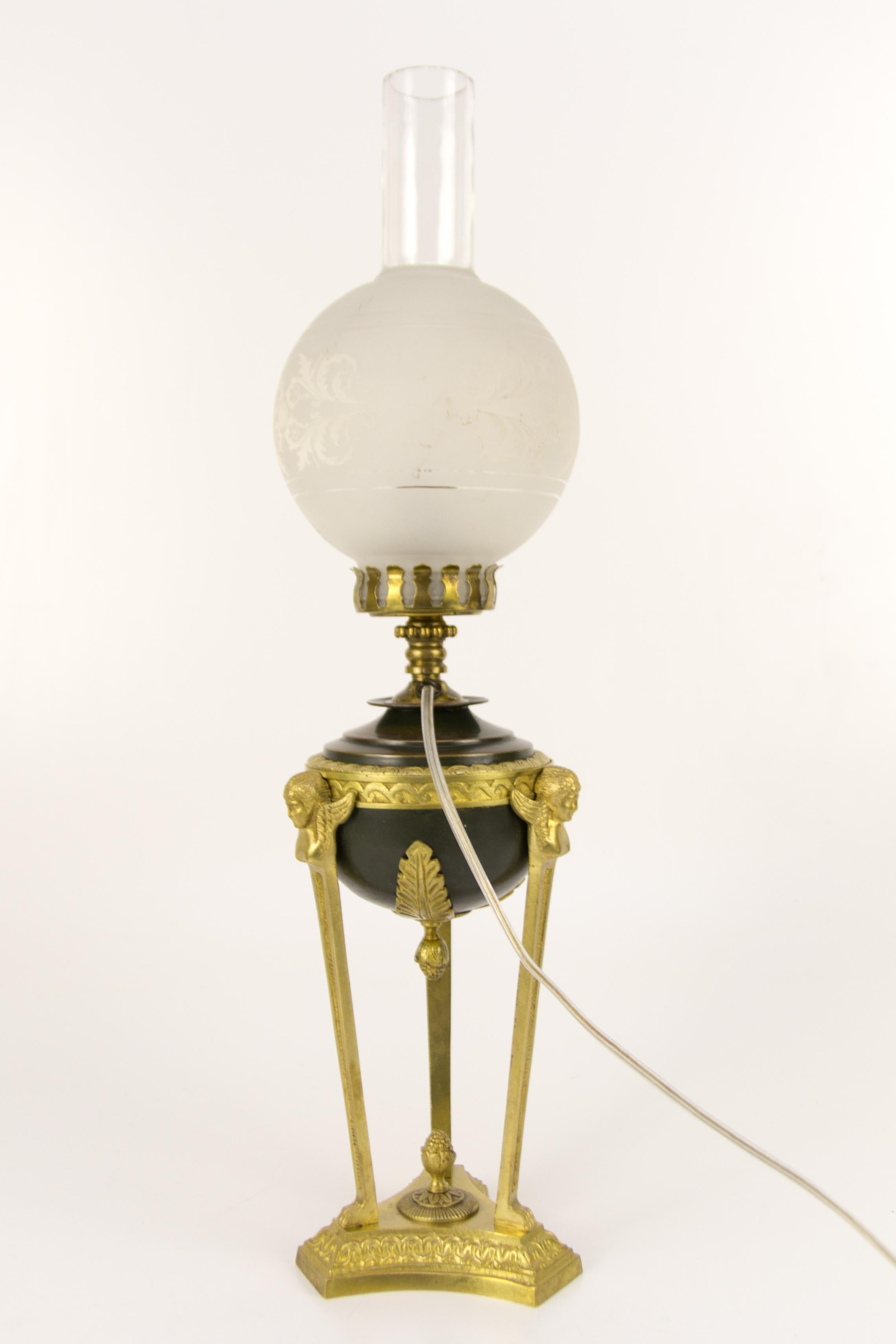 20th Century French Empire Style Bronze and Glass Table Lamp