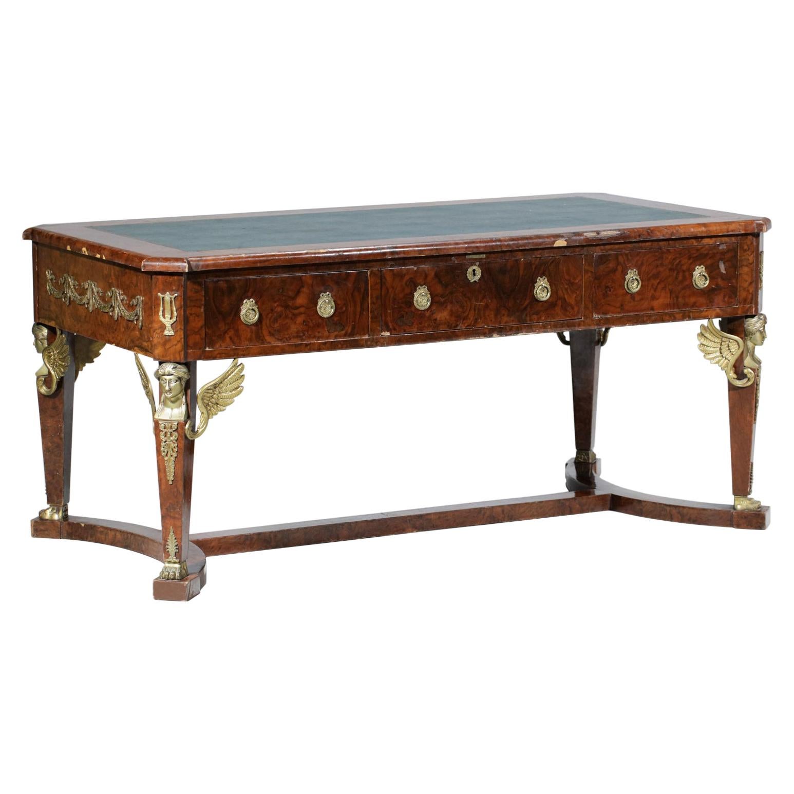 Bureau de style Empire français en bronze et acajou 