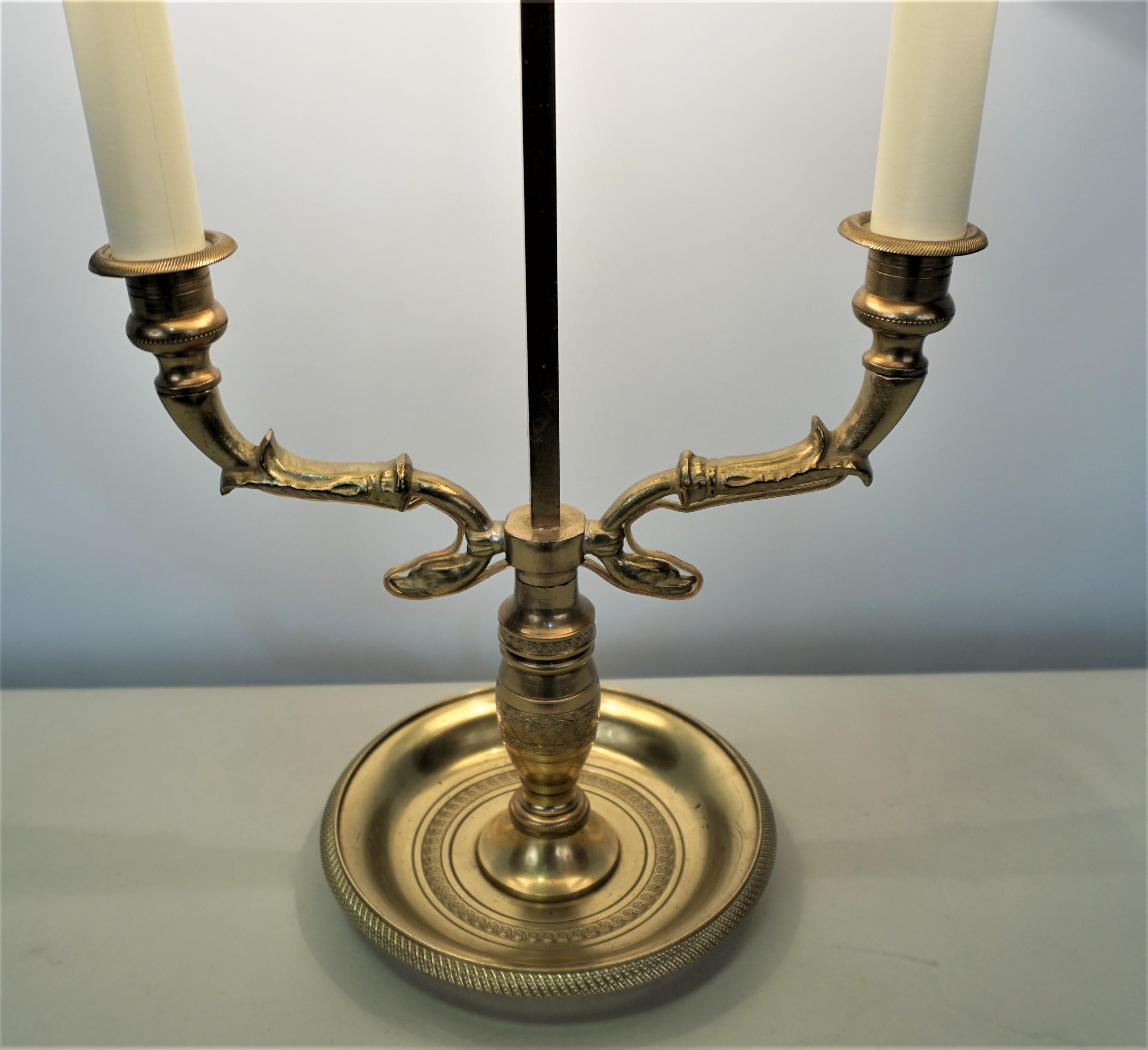 Double arm bronze painted green lacquer shade desk lamp.