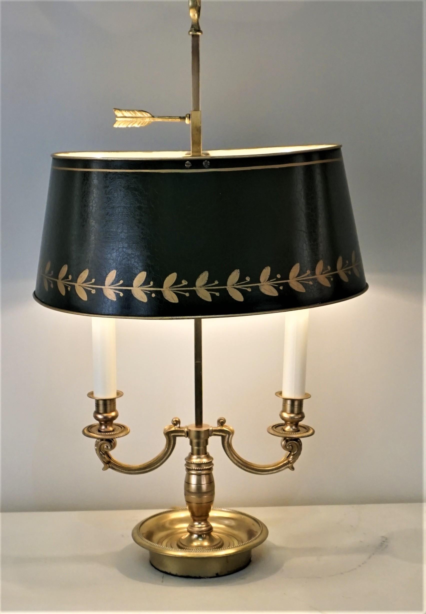 A French Empire style Bouillotte table lamp with green lacquered lampshade
double lights 60 watt each.