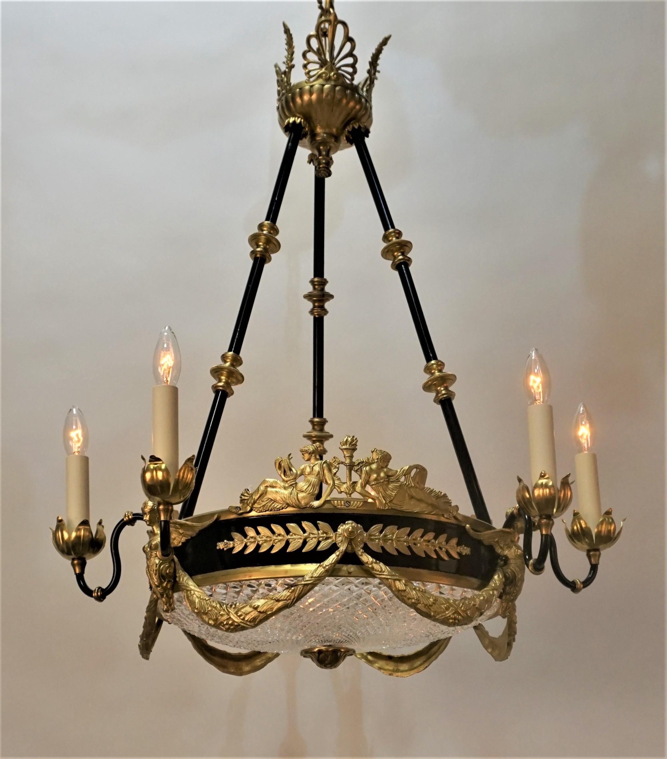 Elegant empire style 1920's bronze chandelier with cut crystal center glass.
Six candle light and three center light
Measurement: 24