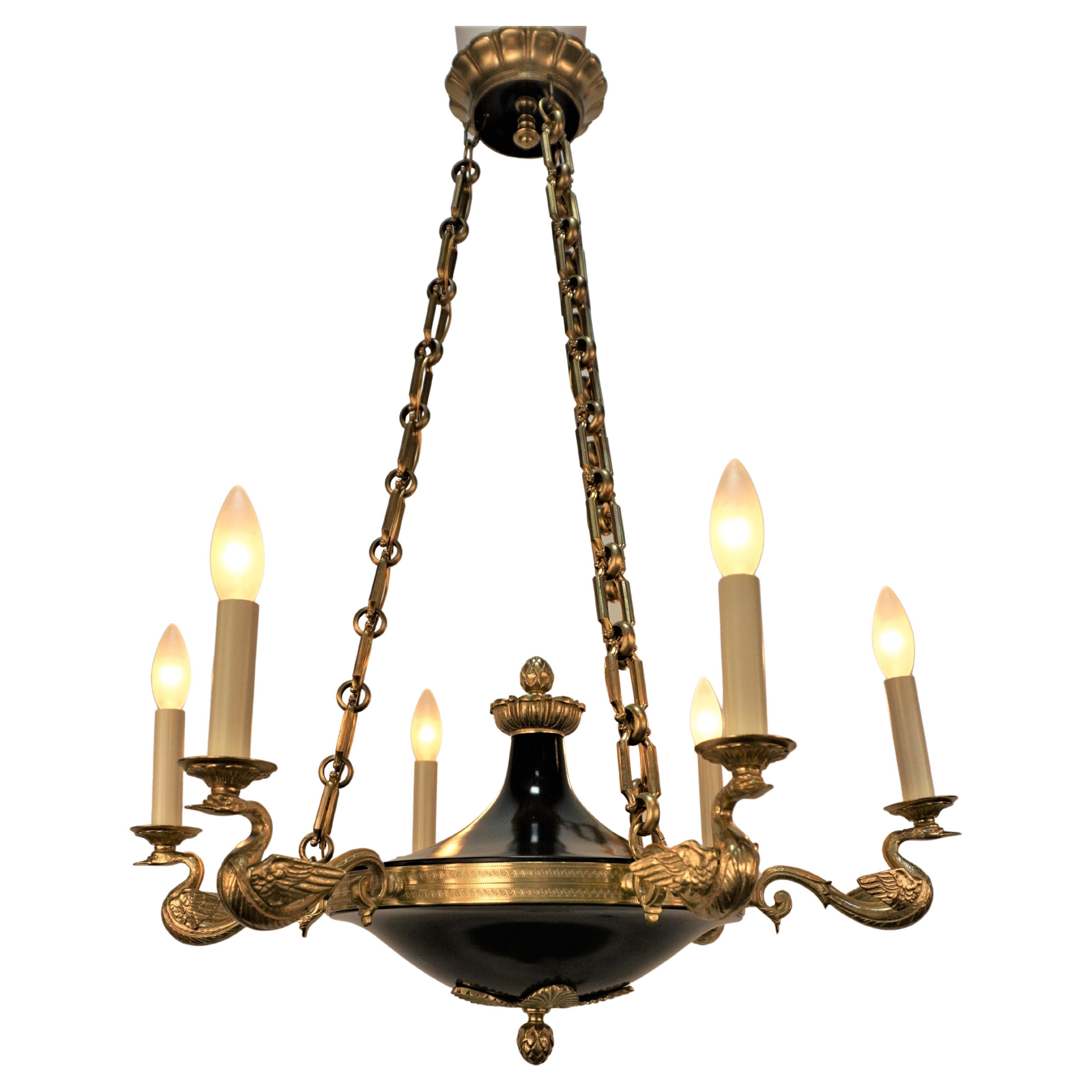 Empire Style Bronze Chandelier with Arrow Stem and Swan Motif at 1stDibs