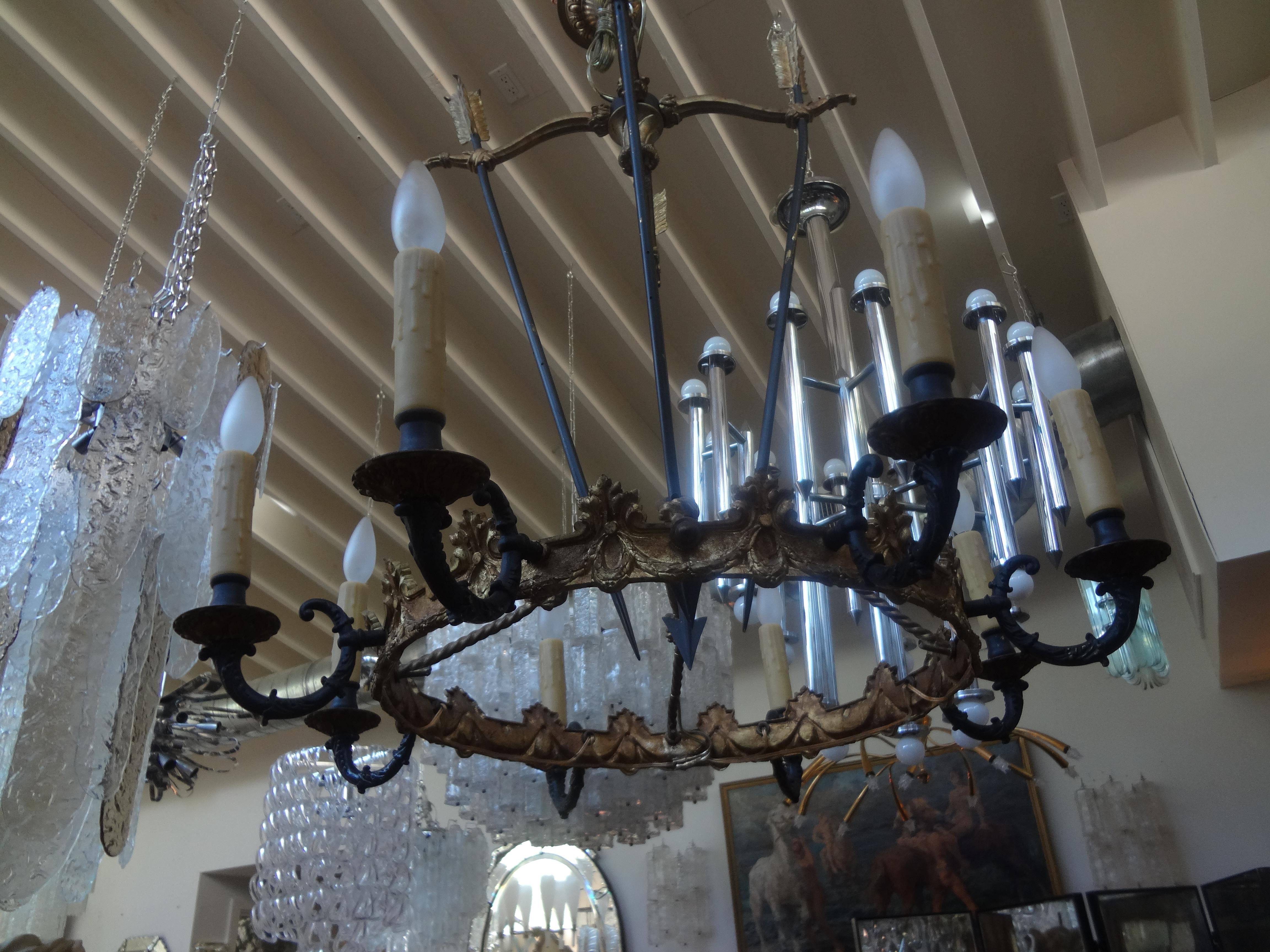 Patinated French Empire Style Bronze Chandelier With Arrows For Sale