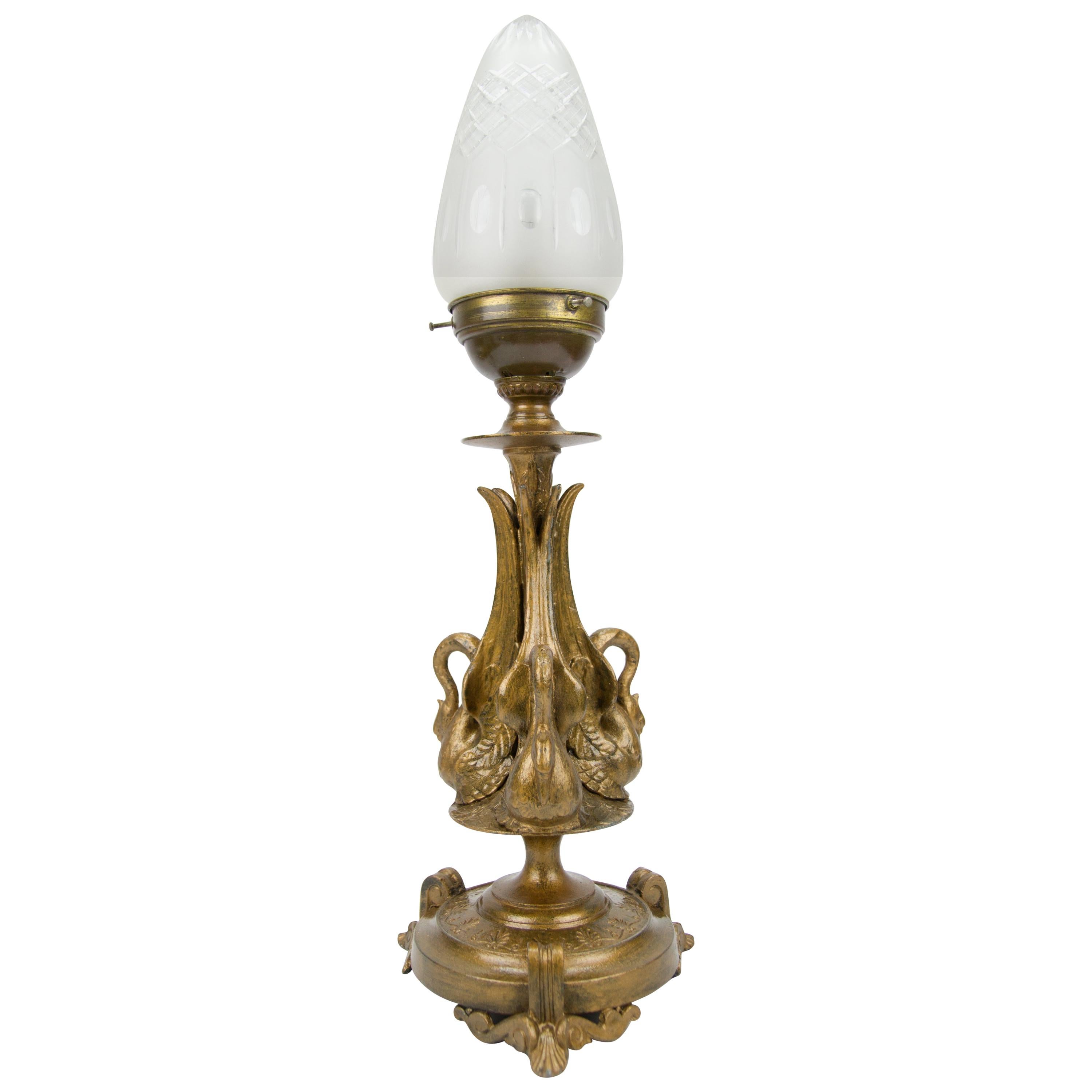 French Empire Style Bronze-Colored Pewter and Frosted Cut Glass Table Lamp 1900s For Sale