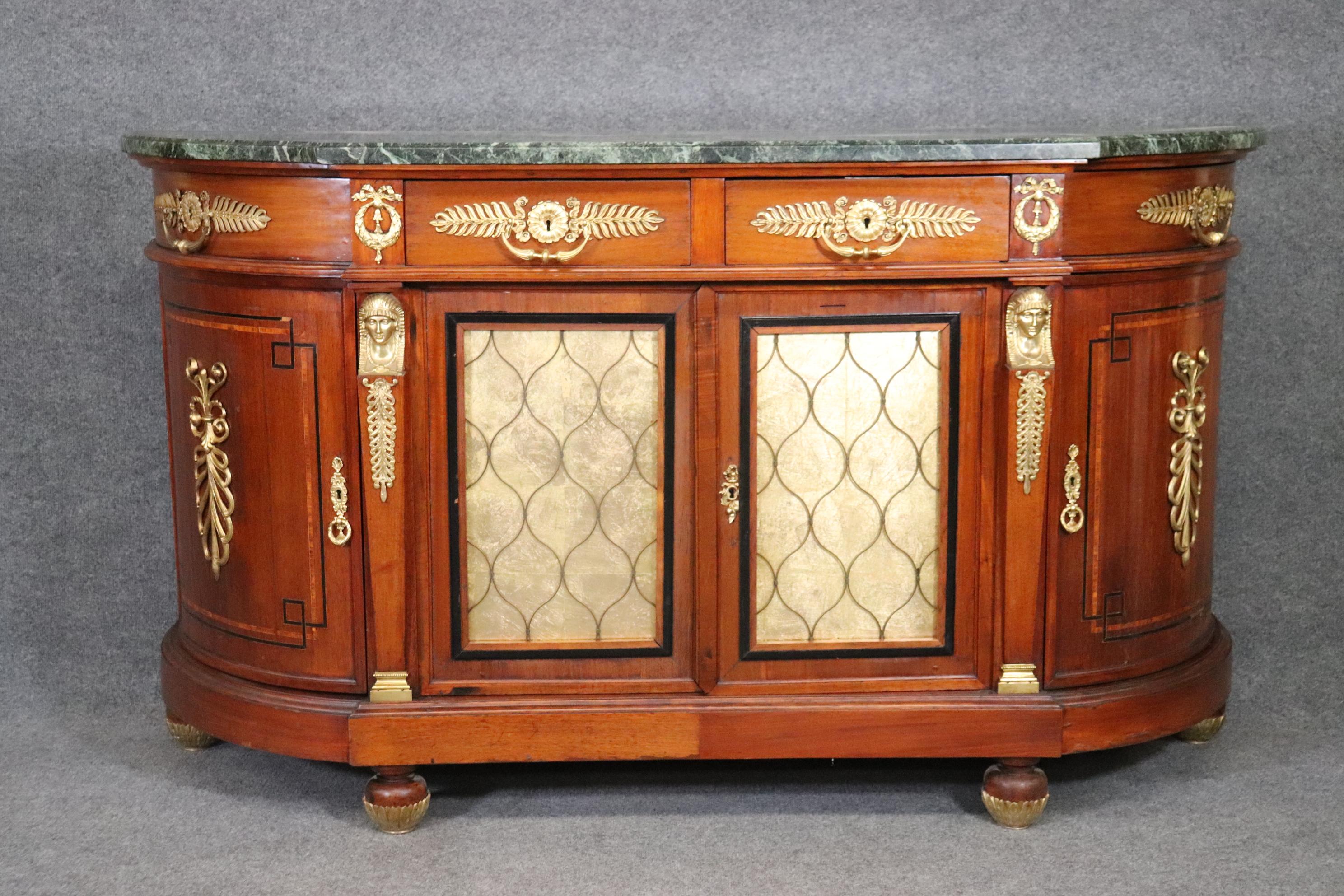Empire Revival French Empire Style Bronze Mounted Marble Top Walnut Sideboard Eglomise Doors