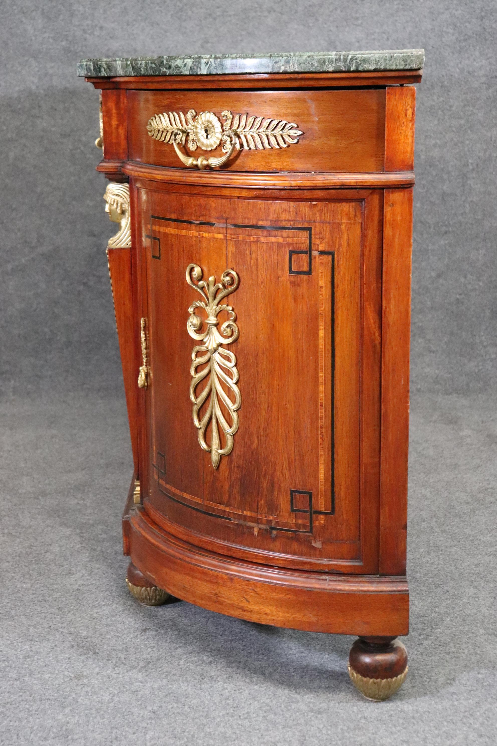 French Empire Style Bronze Mounted Marble Top Walnut Sideboard Eglomise Doors In Good Condition In Swedesboro, NJ