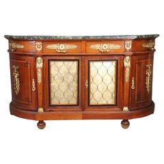 Antique French Empire Style Bronze Mounted Marble Top Walnut Sideboard Eglomise Doors