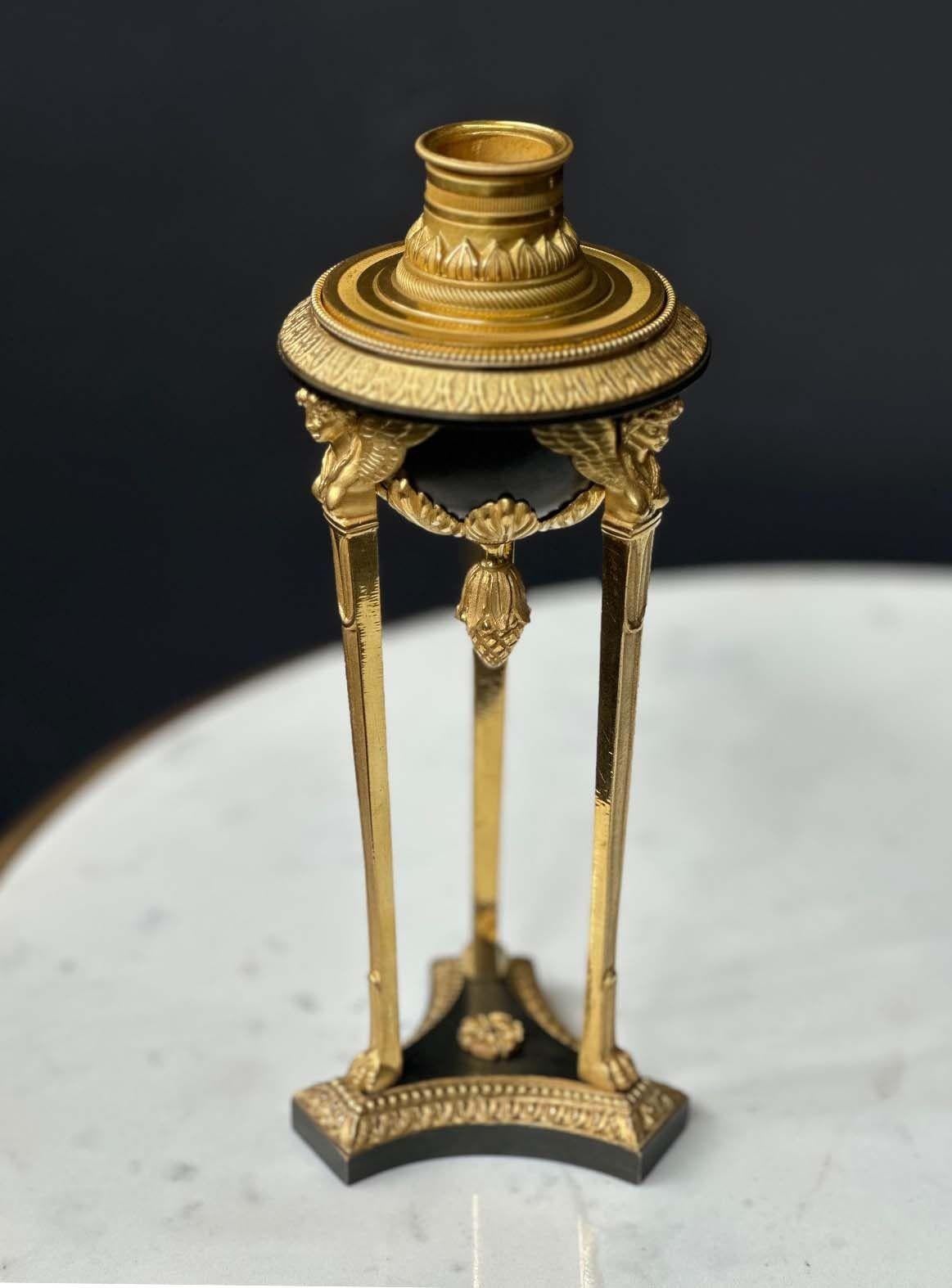Gilt French Empire-Style Bronze Reversible Candlesticks For Sale