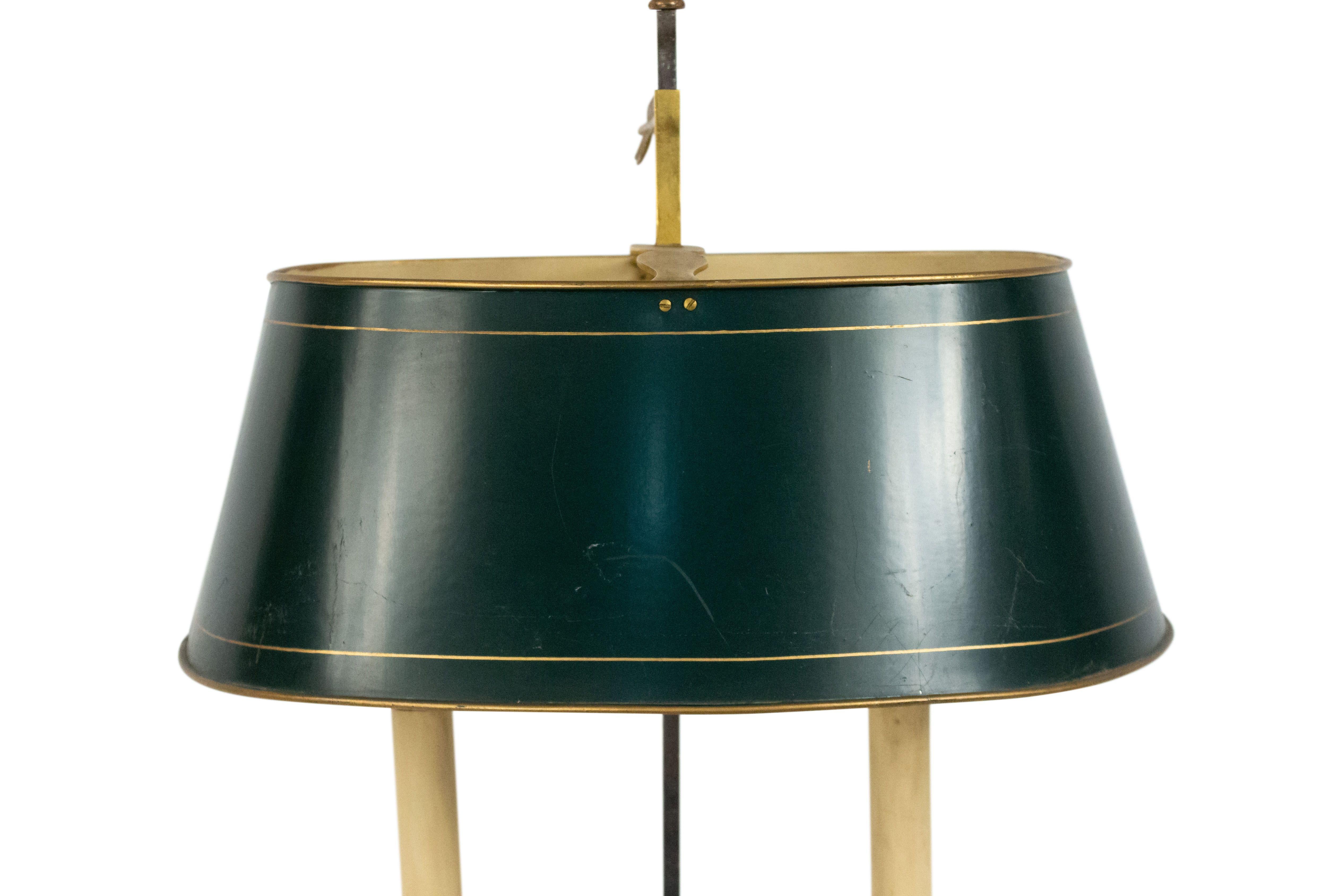 French Empire style (20th Century) bronze dore 2 swan arm round base bouillotte table lamp with oval green tole shade.