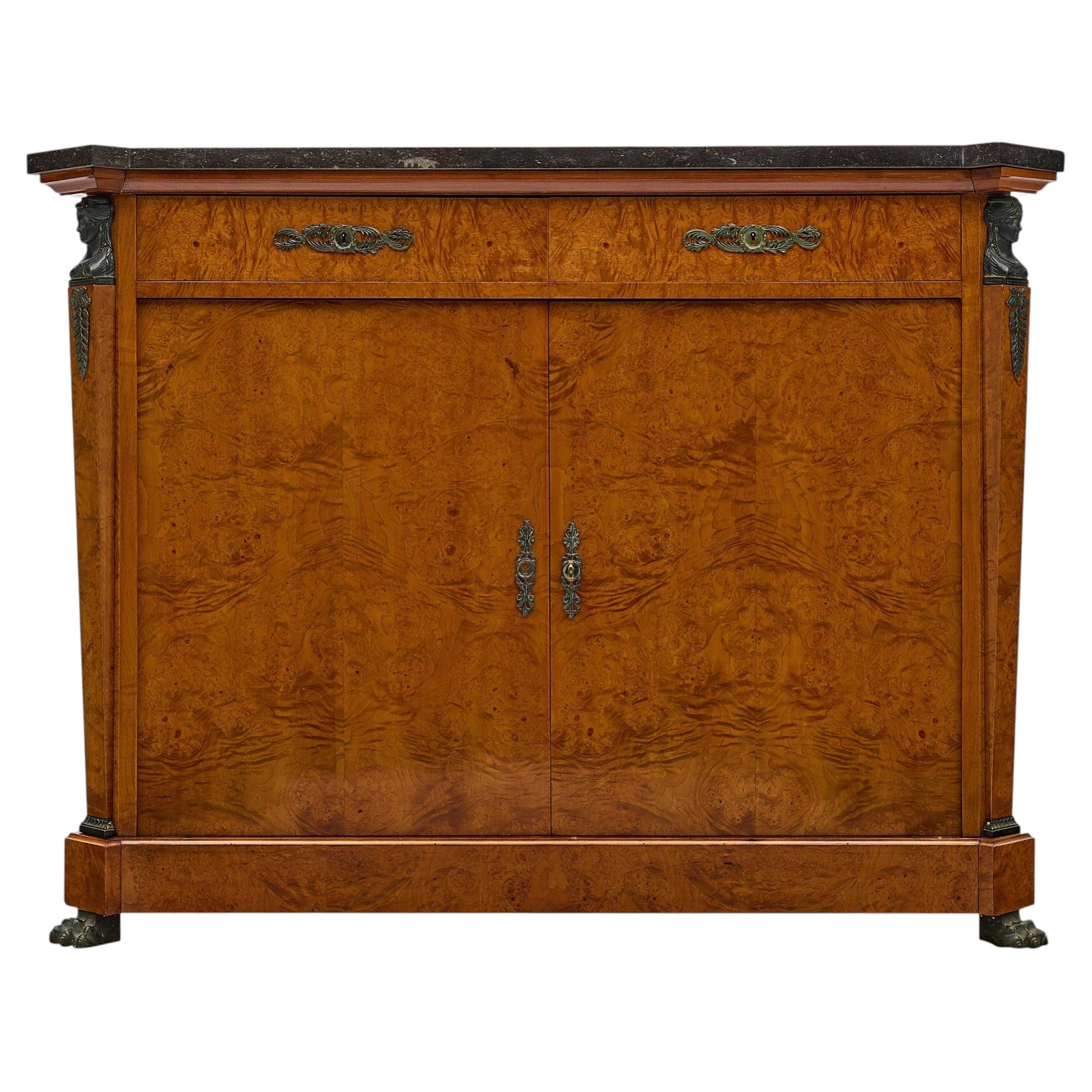 French Empire Style Buffet, Burled Ash & Marble, Bronze Accents, 1880
