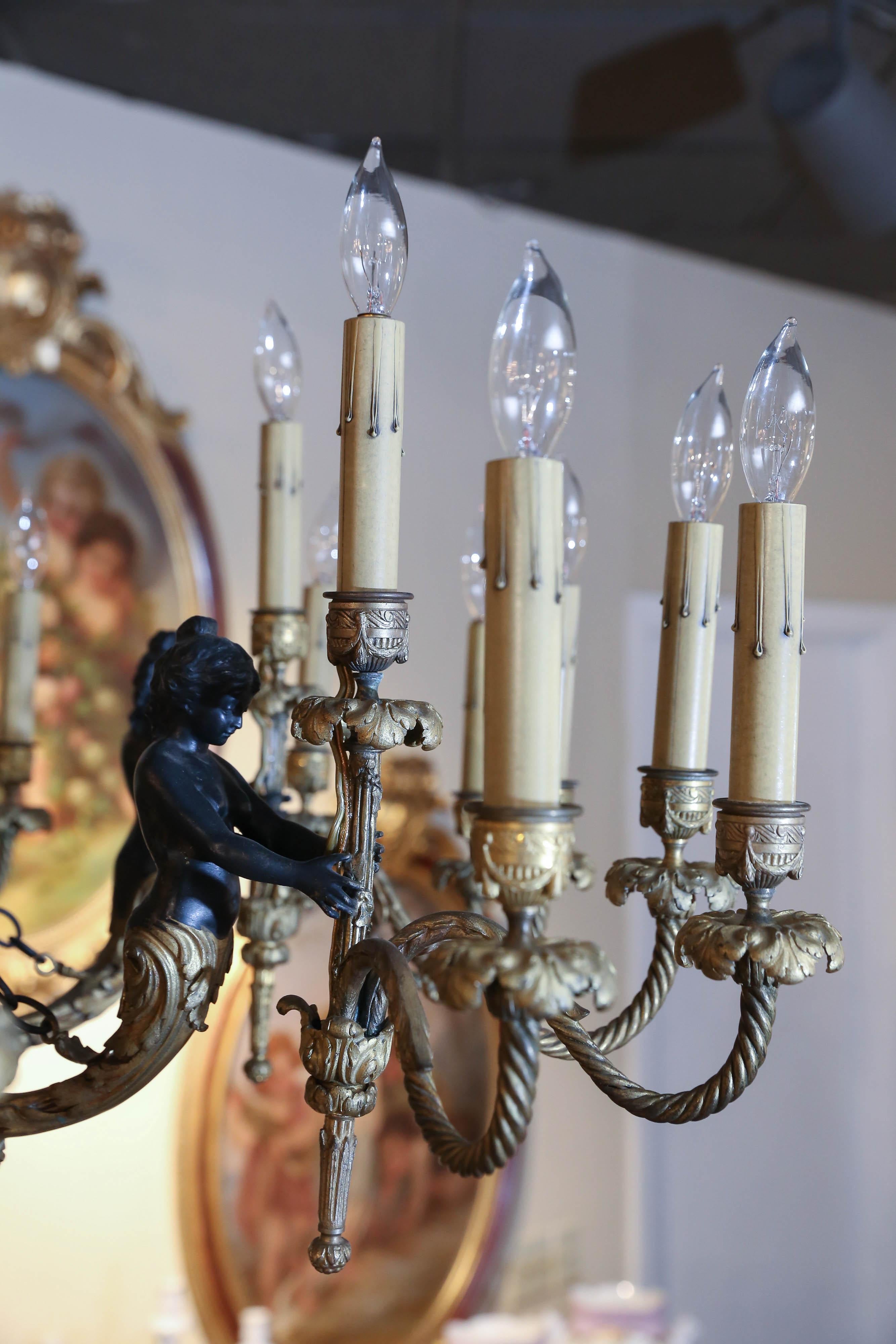 Gilt French Empire Style Cast Bronze Doré and Patinated Frame Chandelier, 24 Lights For Sale