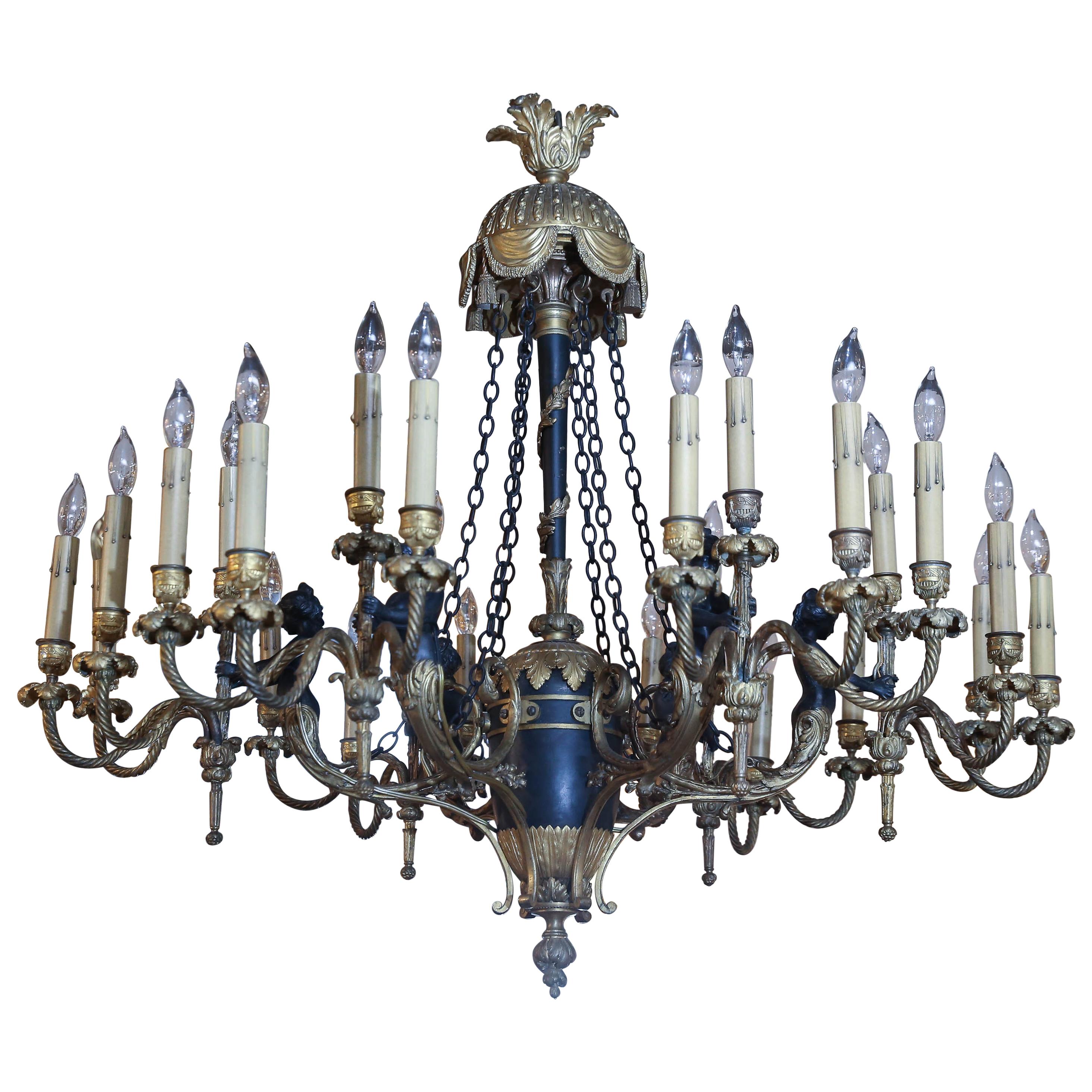 French Empire Style Cast Bronze Doré and Patinated Frame Chandelier, 24 Lights For Sale