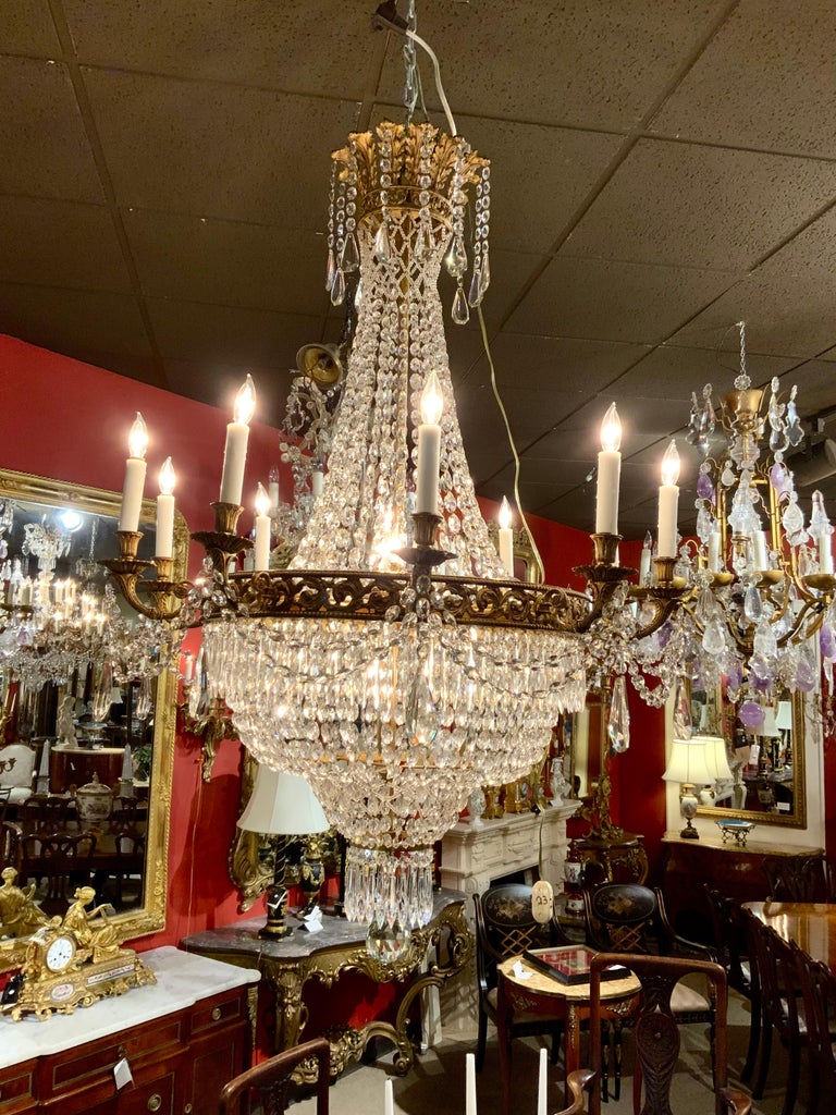 20th Century French Empire Style Chandelier, Bronze Dore and Crystal with 13 Lights For Sale