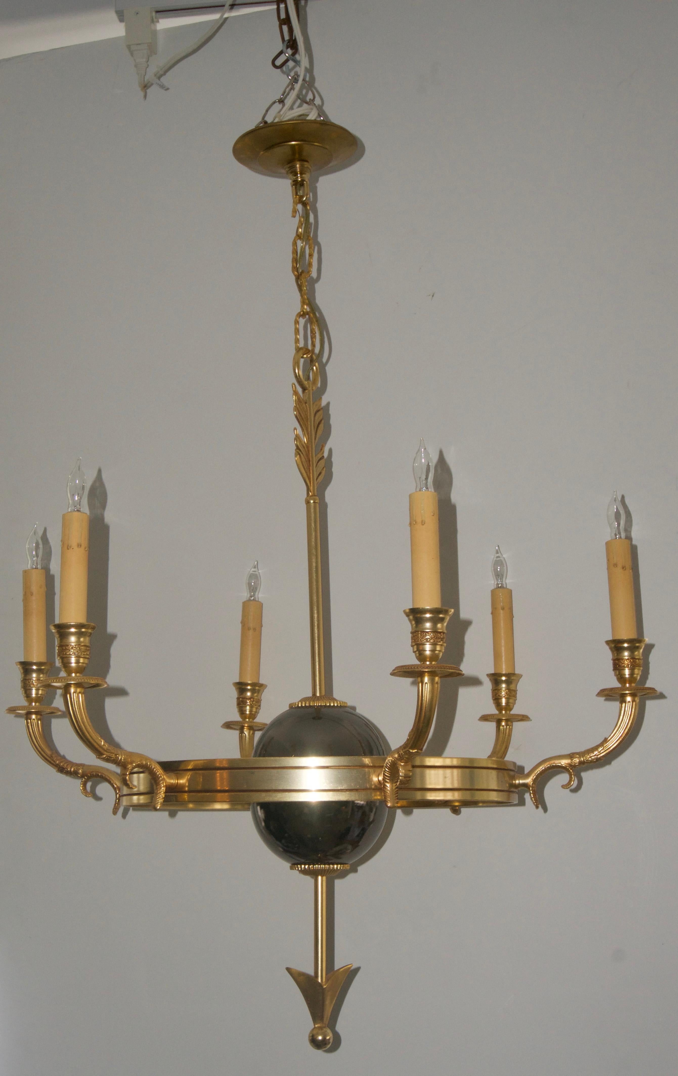 This stylish French Empire, Maison Jansen style chandelier was acquired from a Palm Beach estate and dates to the 1960s-1970s. 

Note: Height of just the chandelier and not including the chain is 28