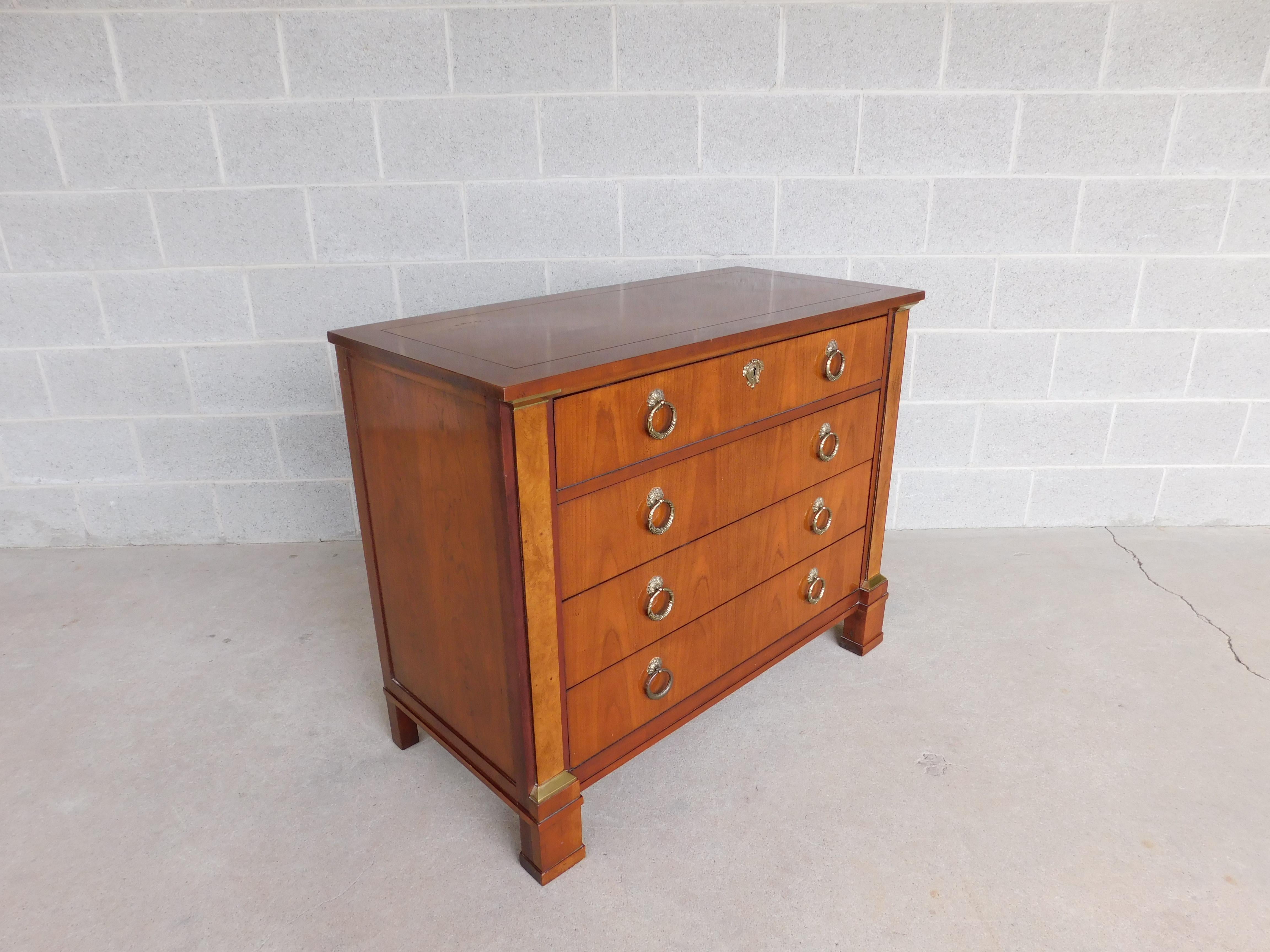 French Empire Style Cherry Chest by BAKER Furniture Co.

Features Dovetail Drawers, Ornate Brass Hardware, Palladian Collection


Good Original Vintage Condition, Original Finish, Normal Wear for Pre-Owned Furniture


40