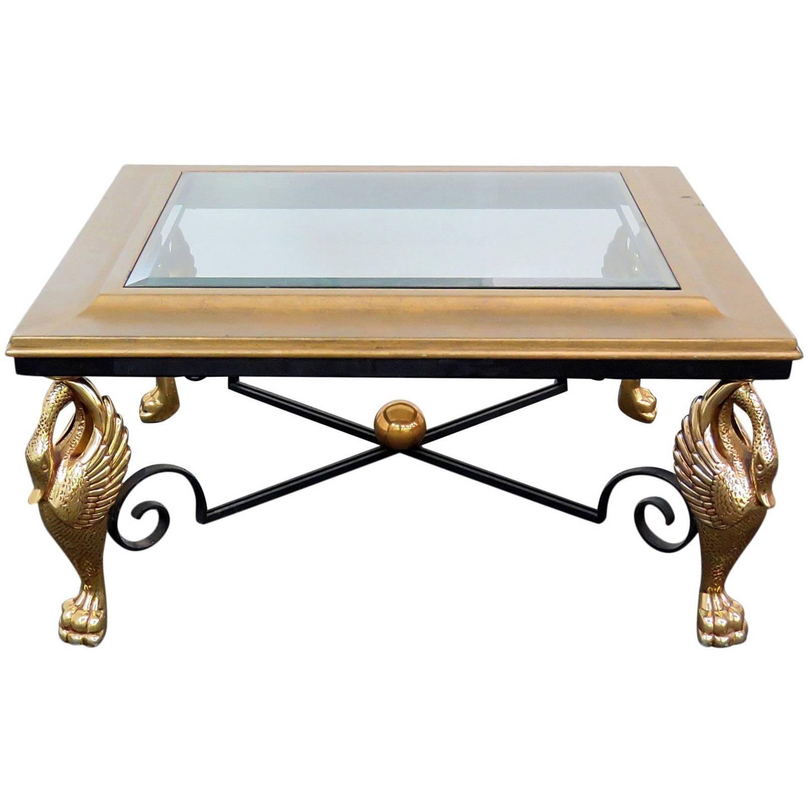 Square French Empire Brass Swans and Wrought Iron Coffee Table For Sale