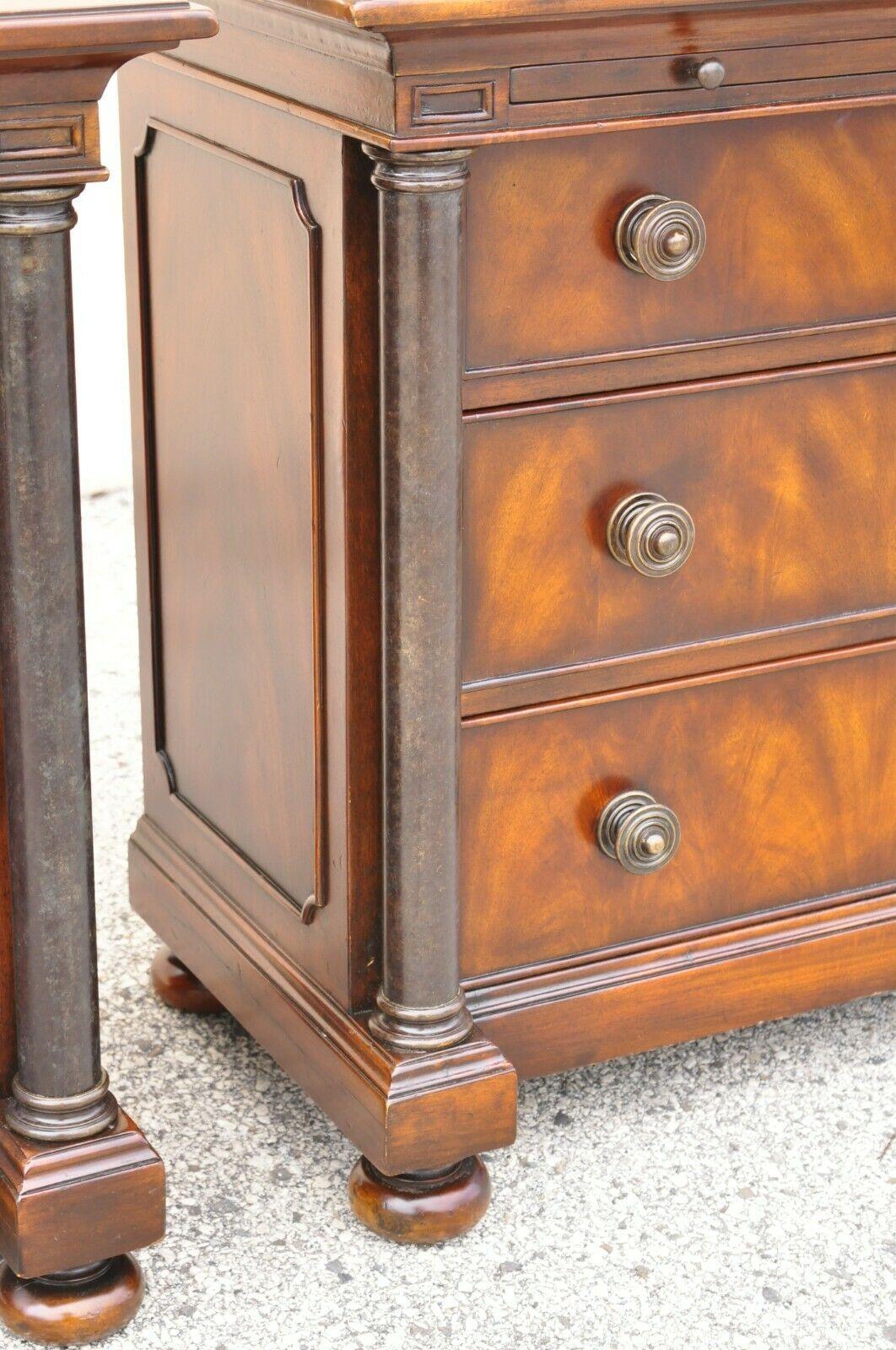 French Empire Style Column and Bun Feet 3 Drawers Nightstand Commode, a Pair In Good Condition In Philadelphia, PA