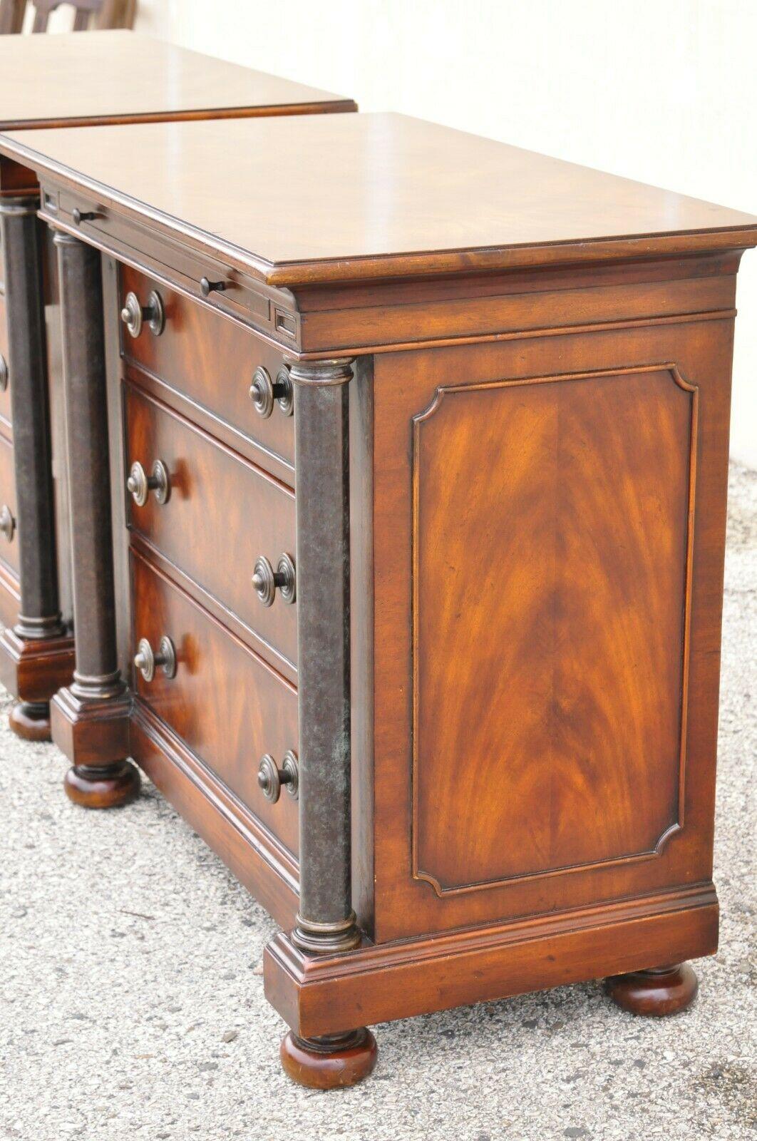 20th Century French Empire Style Column and Bun Feet 3 Drawers Nightstand Commode, a Pair