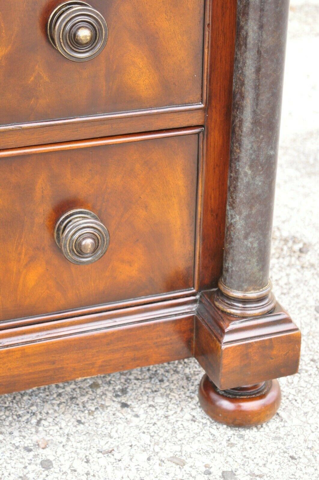 Mahogany French Empire Style Column and Bun Feet 3 Drawers Nightstand Commode, a Pair