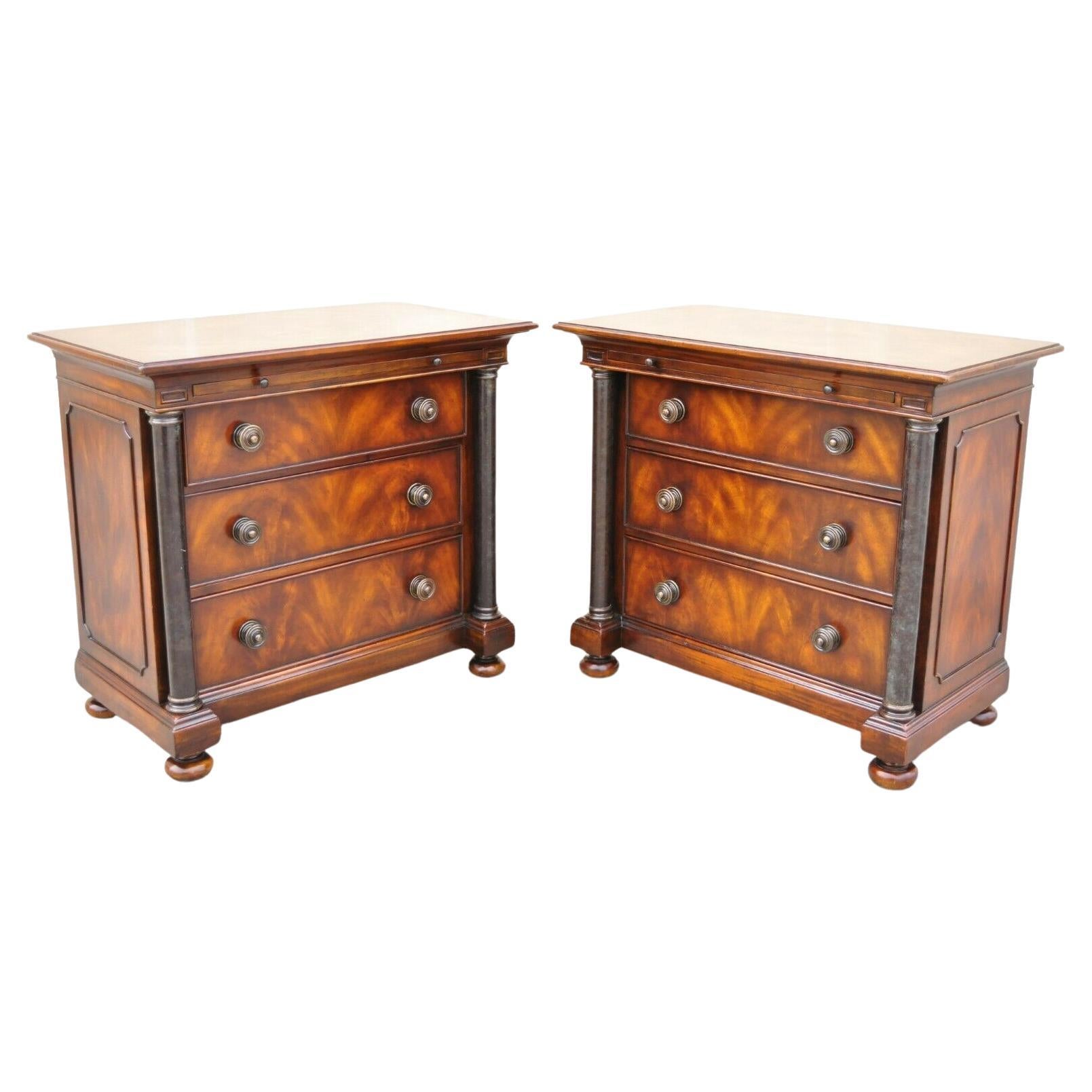 French Empire Style Column and Bun Feet 3 Drawers Nightstand Commode, a Pair