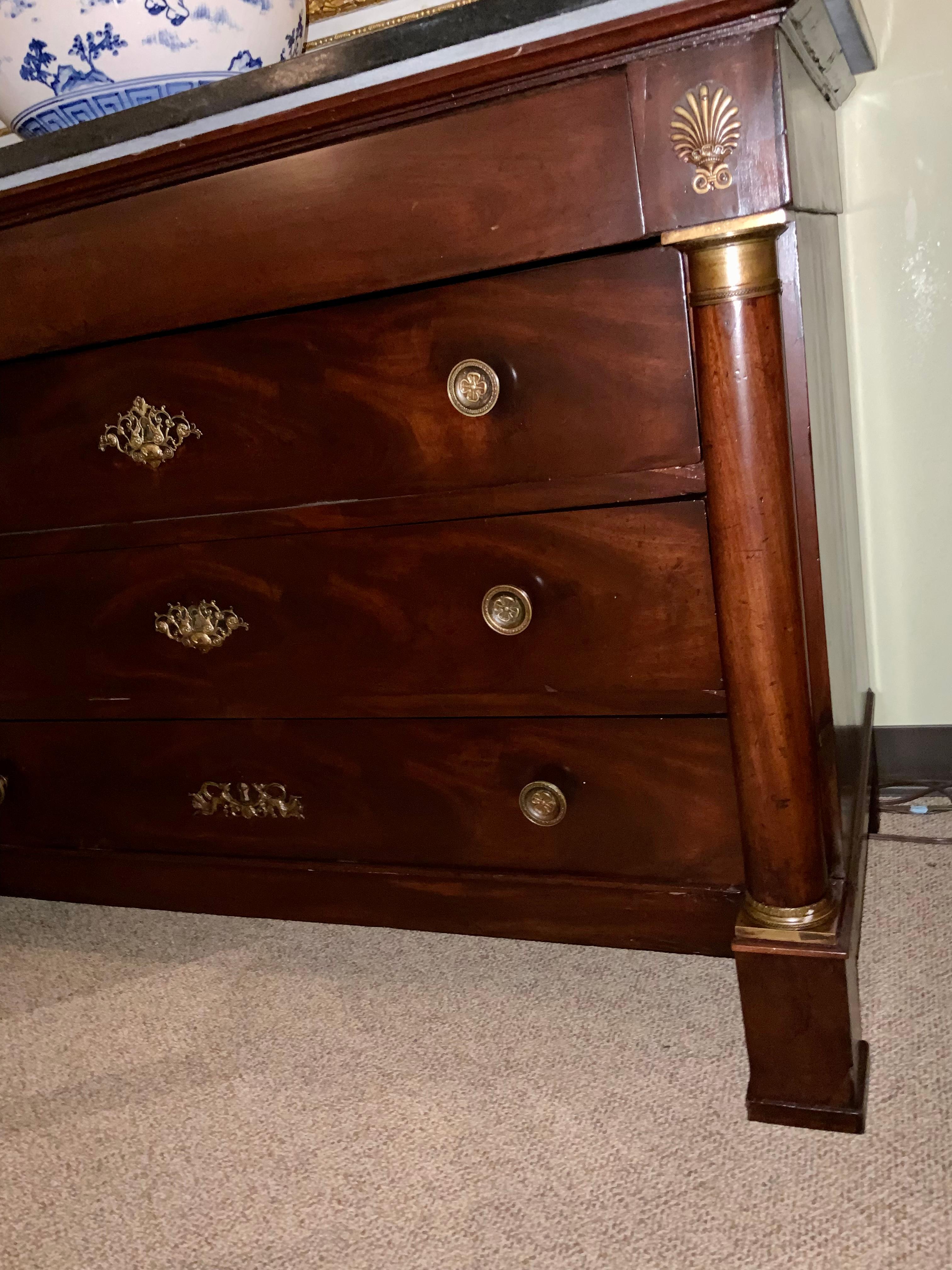 Mahogany French Empire-Style Commode / Chest of Drawers with Marble Top For Sale