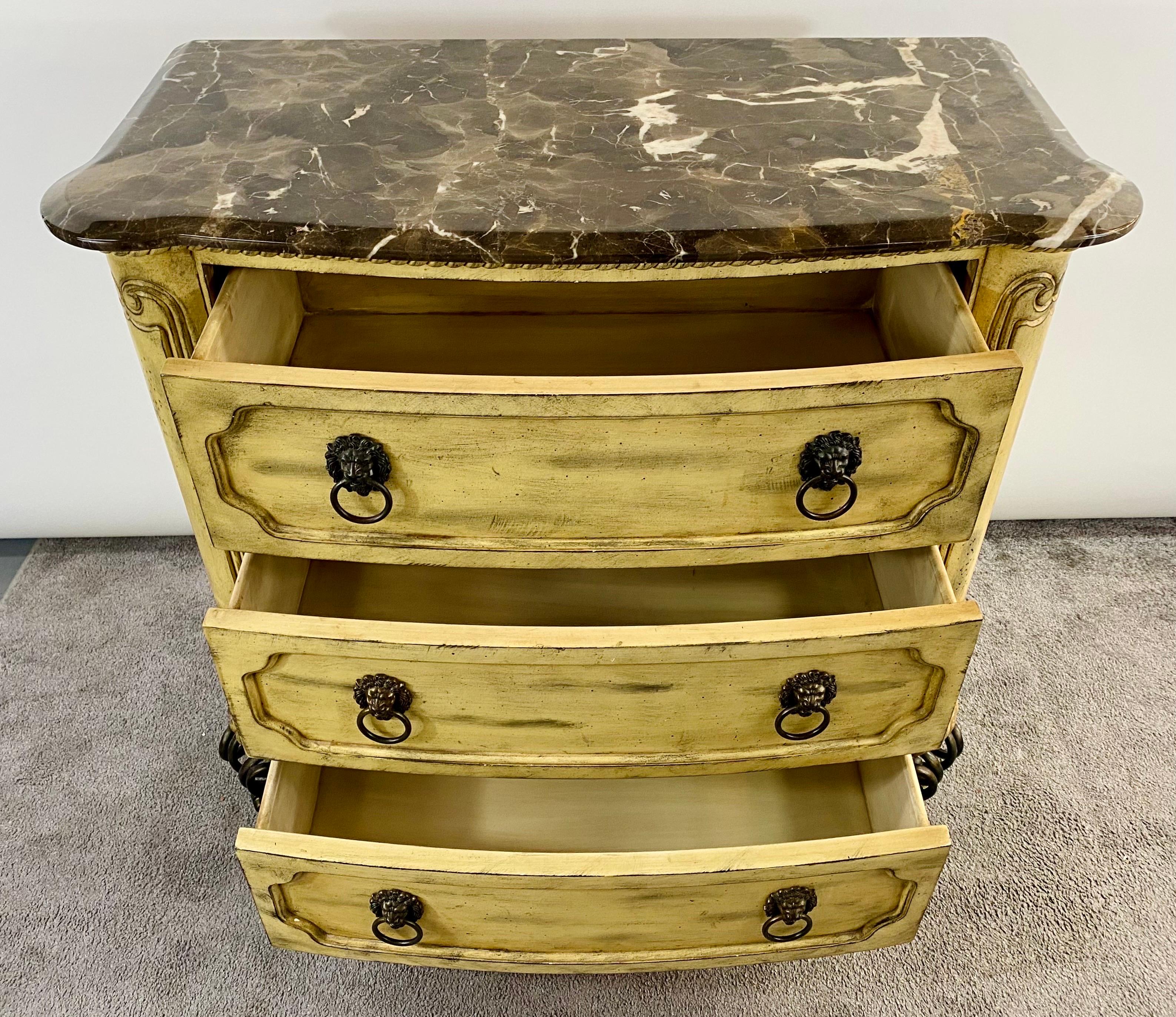 French Empire Style Commode or Dresser with Marble Top & Bronze Lion Head Pulls In Good Condition For Sale In Plainview, NY