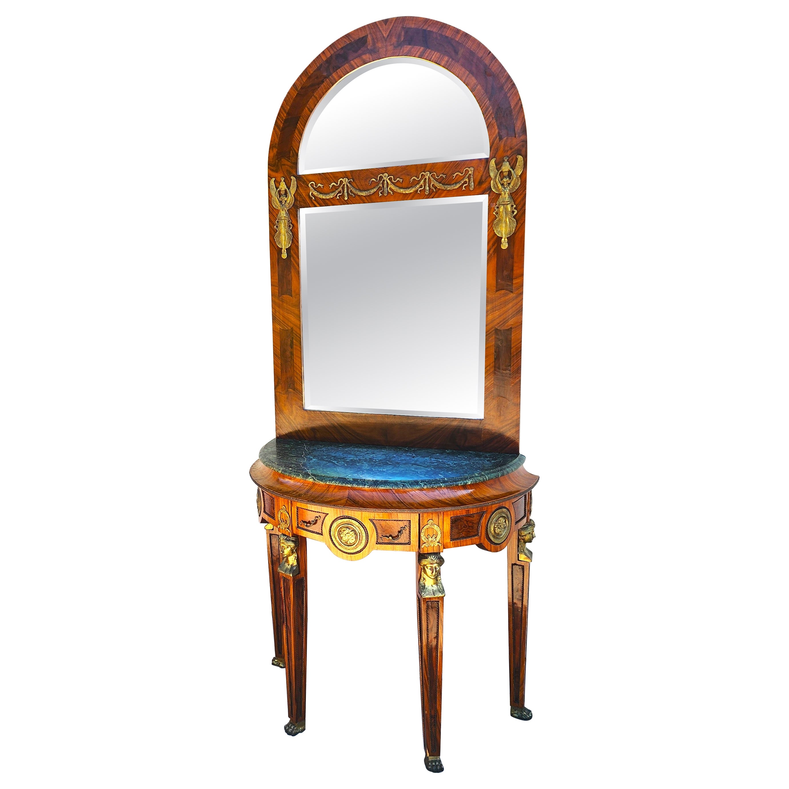 French Empire Style Console Marble Entry Table & Mirror For Sale