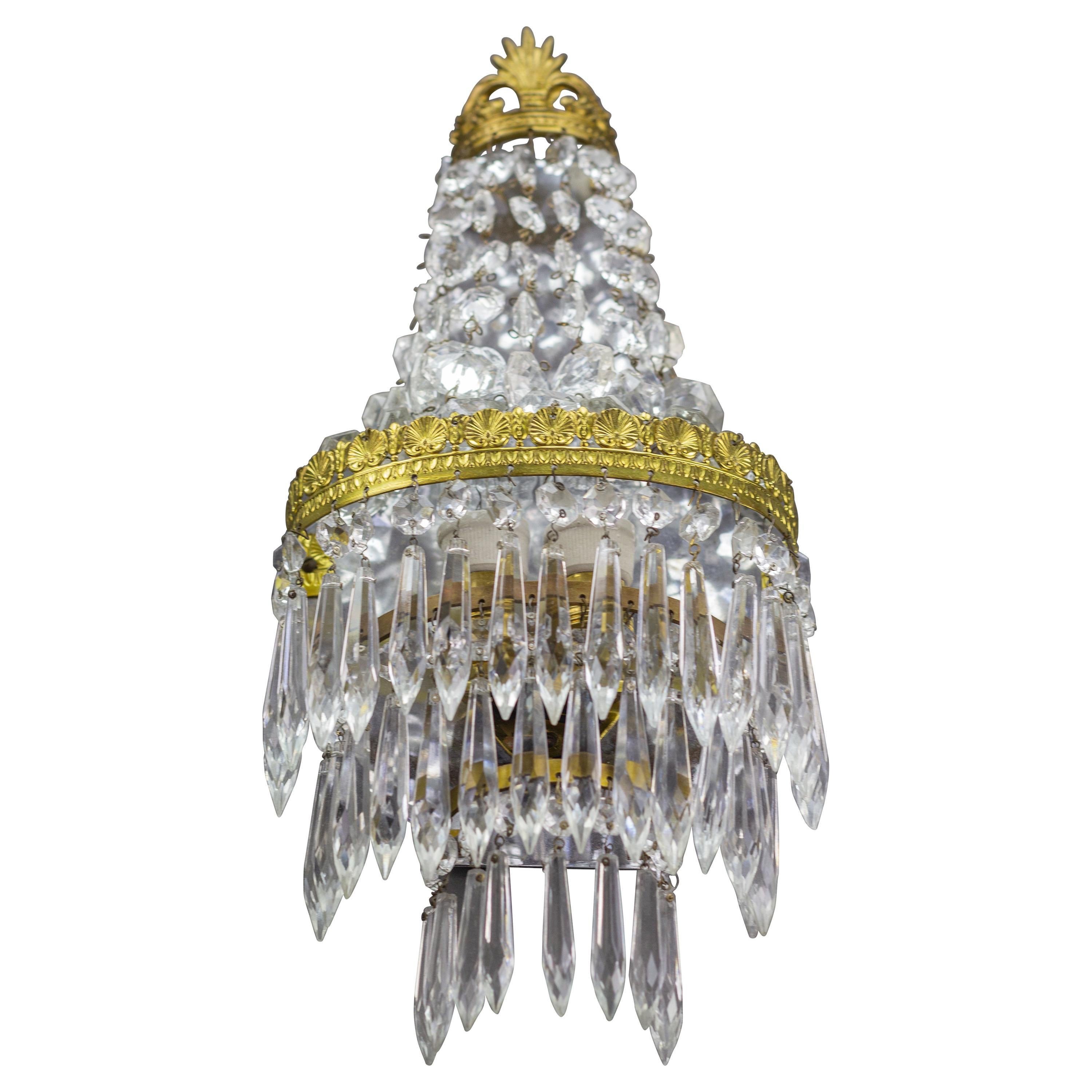 French Empire Style Crystal and Brass Sconce Wall Light, 1930s For Sale