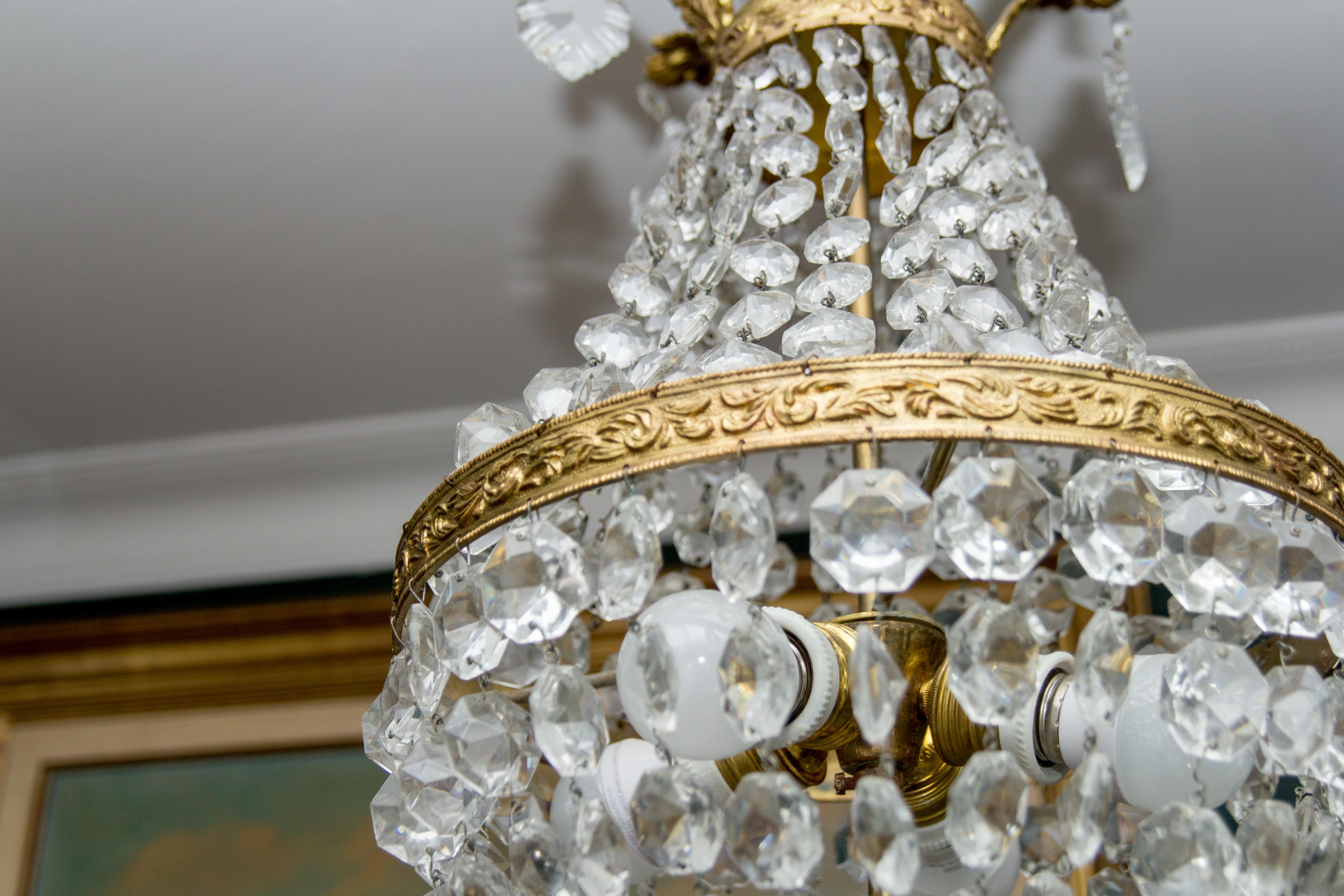 French Empire Style Crystal and Bronze Four-Light Basket - Shaped Chandelier  10