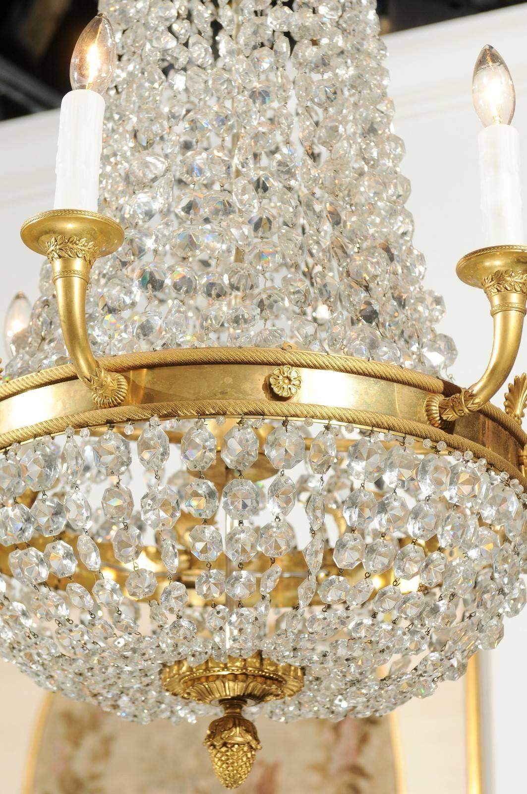 French Empire Style Crystal and Gilt Metal Waterfall Basket Six-Arm Chandelier 6