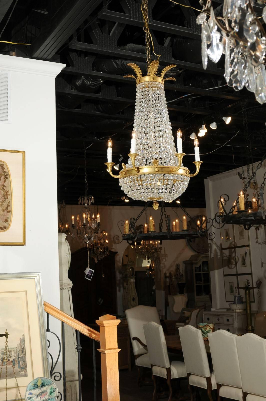 French Empire Style Crystal and Gilt Metal Waterfall Basket Six-Arm Chandelier In Good Condition In Atlanta, GA