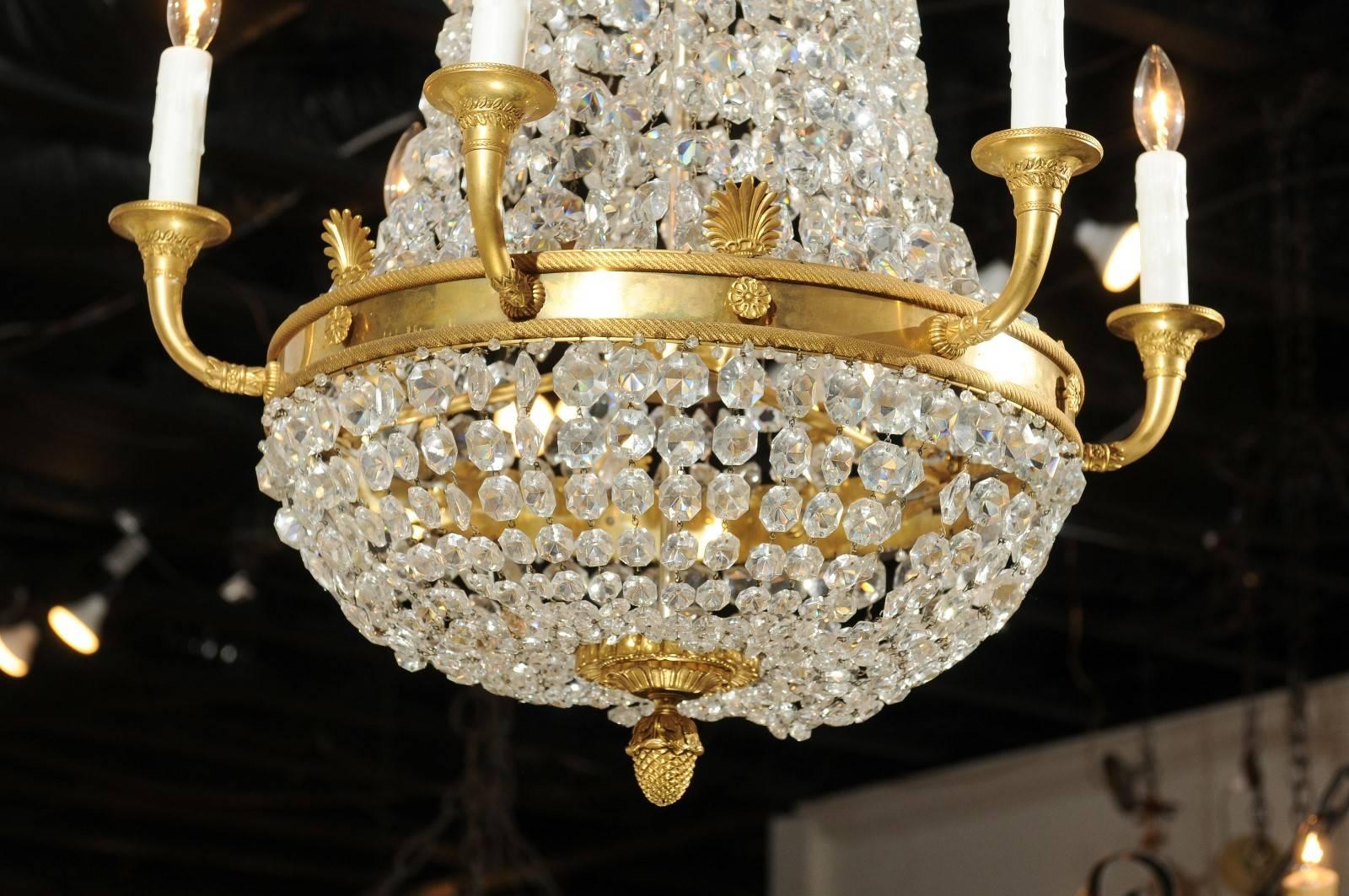 19th Century French Empire Style Crystal and Gilt Metal Waterfall Basket Six-Arm Chandelier