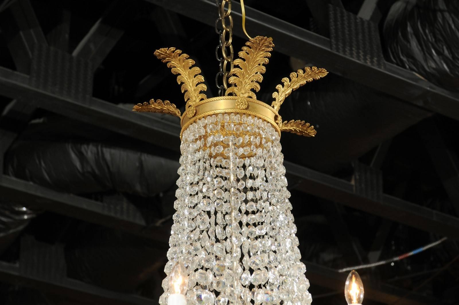 French Empire Style Crystal and Gilt Metal Waterfall Basket Six-Arm Chandelier 1