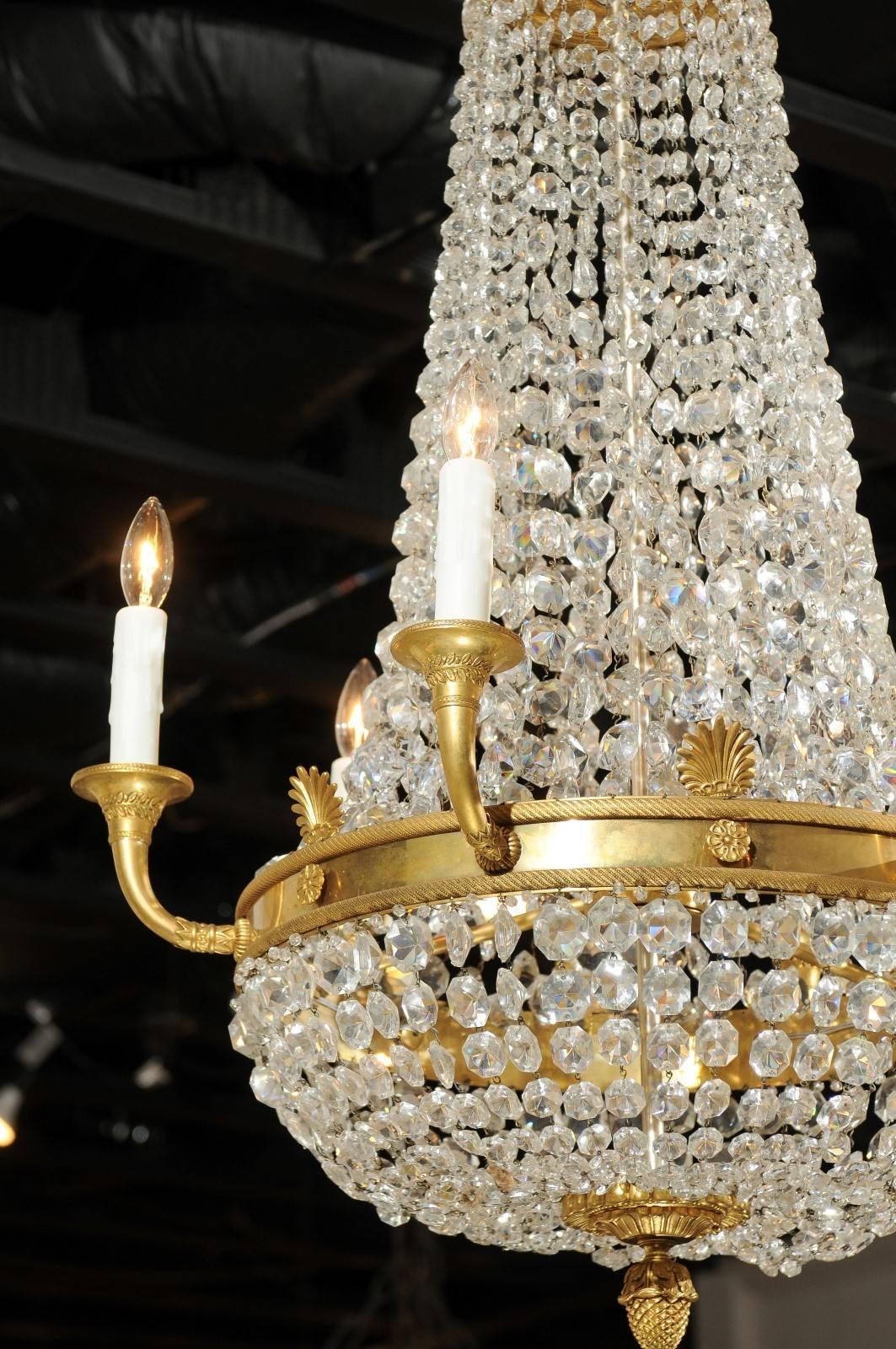 French Empire Style Crystal and Gilt Metal Waterfall Basket Six-Arm Chandelier 2