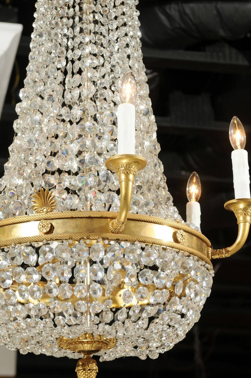 French Empire Style Crystal and Gilt Metal Waterfall Basket Six-Arm Chandelier 3