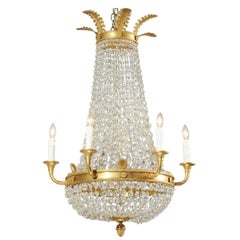 Antique French Empire Style Crystal and Gilt Metal Waterfall Basket Six-Arm Chandelier