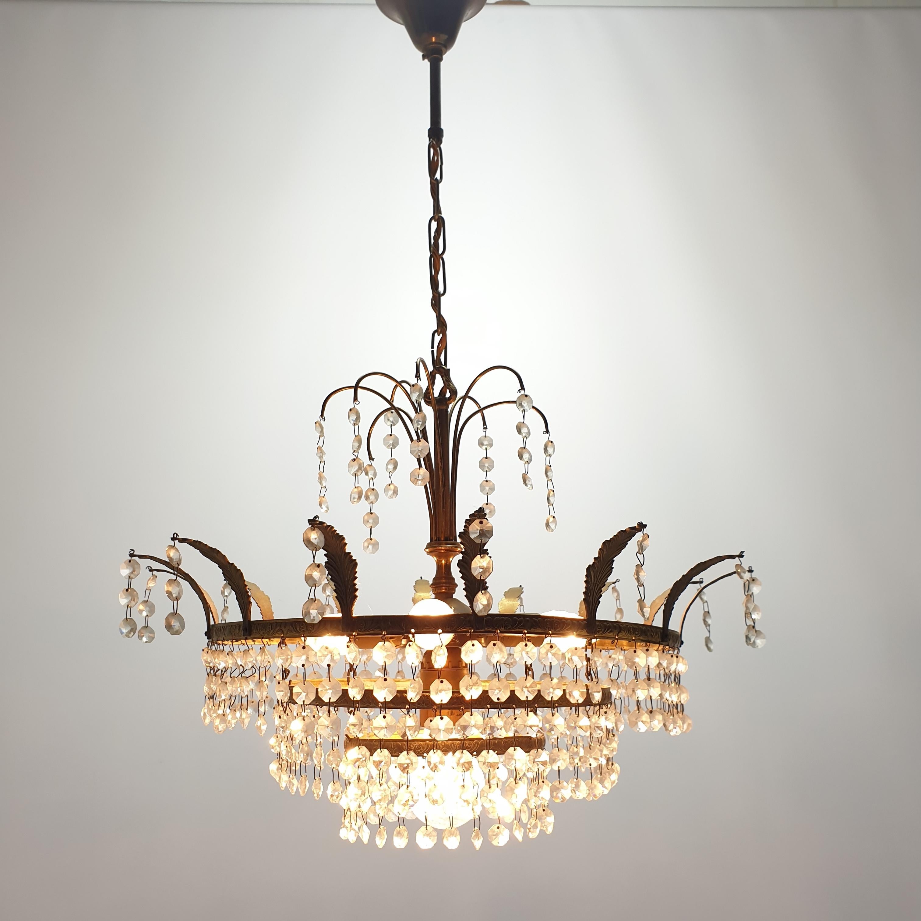 Hand-Crafted French Empire Style Crystal Glass and Brass Chandelier, 1920's For Sale