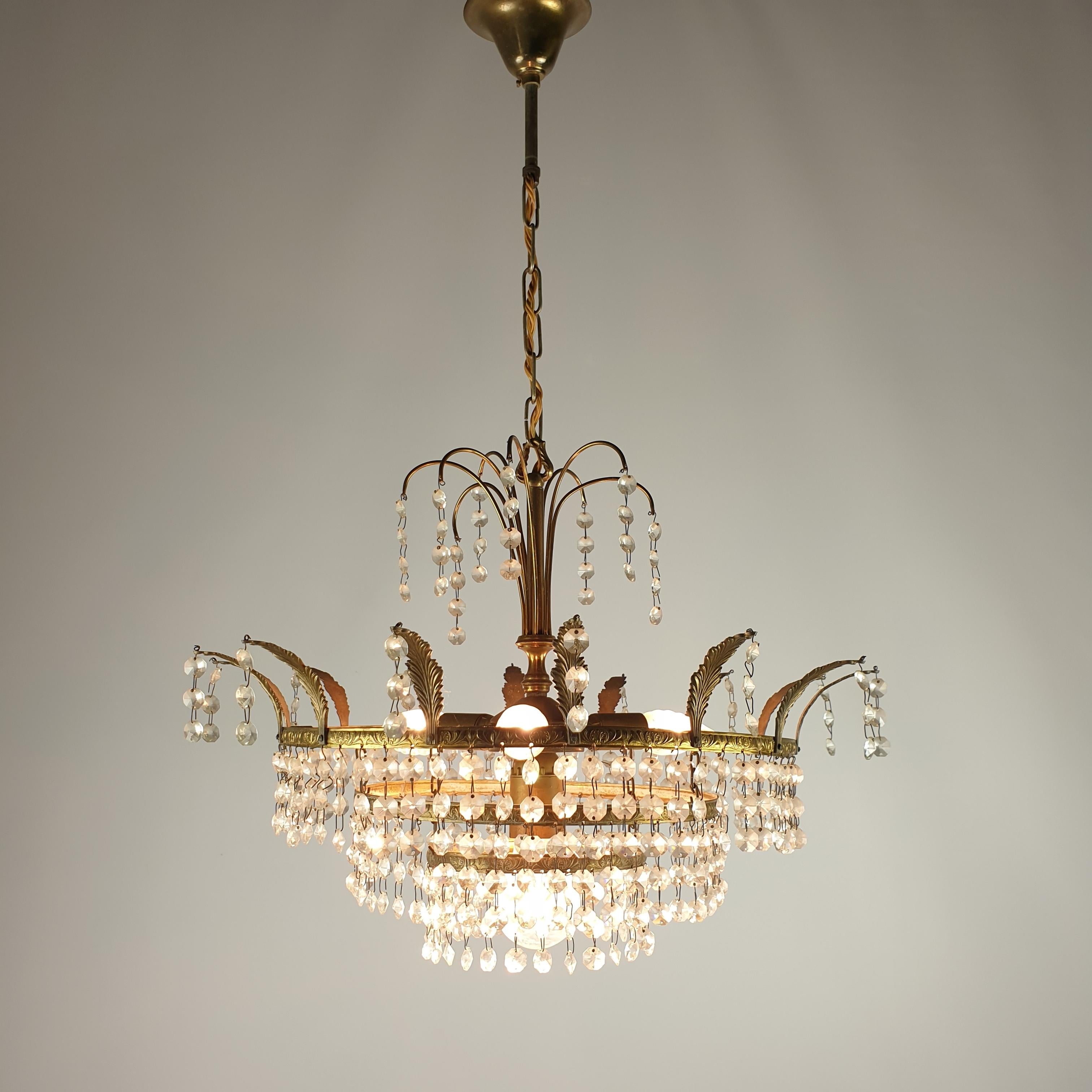 20th Century French Empire Style Crystal Glass and Brass Chandelier, 1920's For Sale
