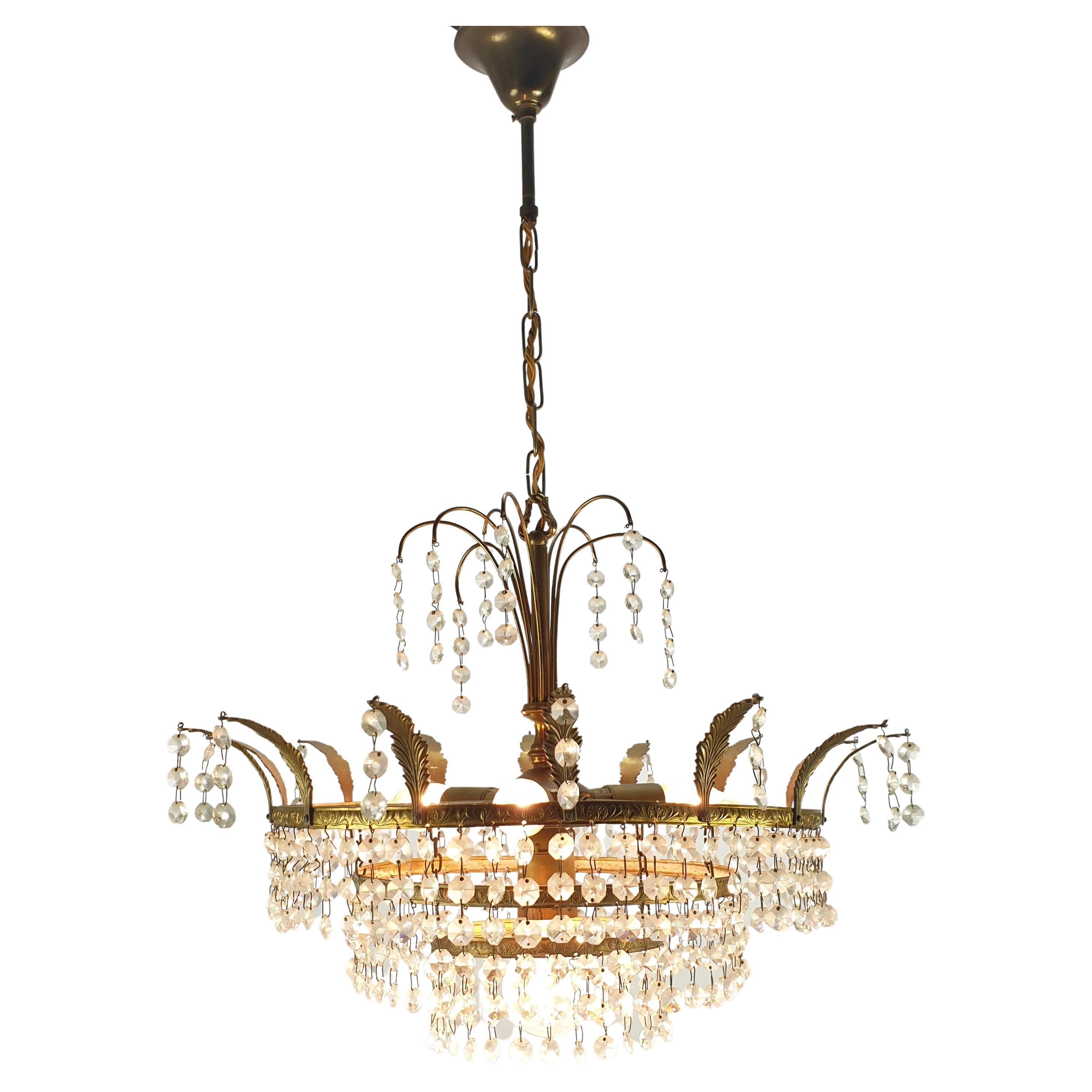 French Empire Style Crystal Glass and Brass Chandelier, 1920's For Sale