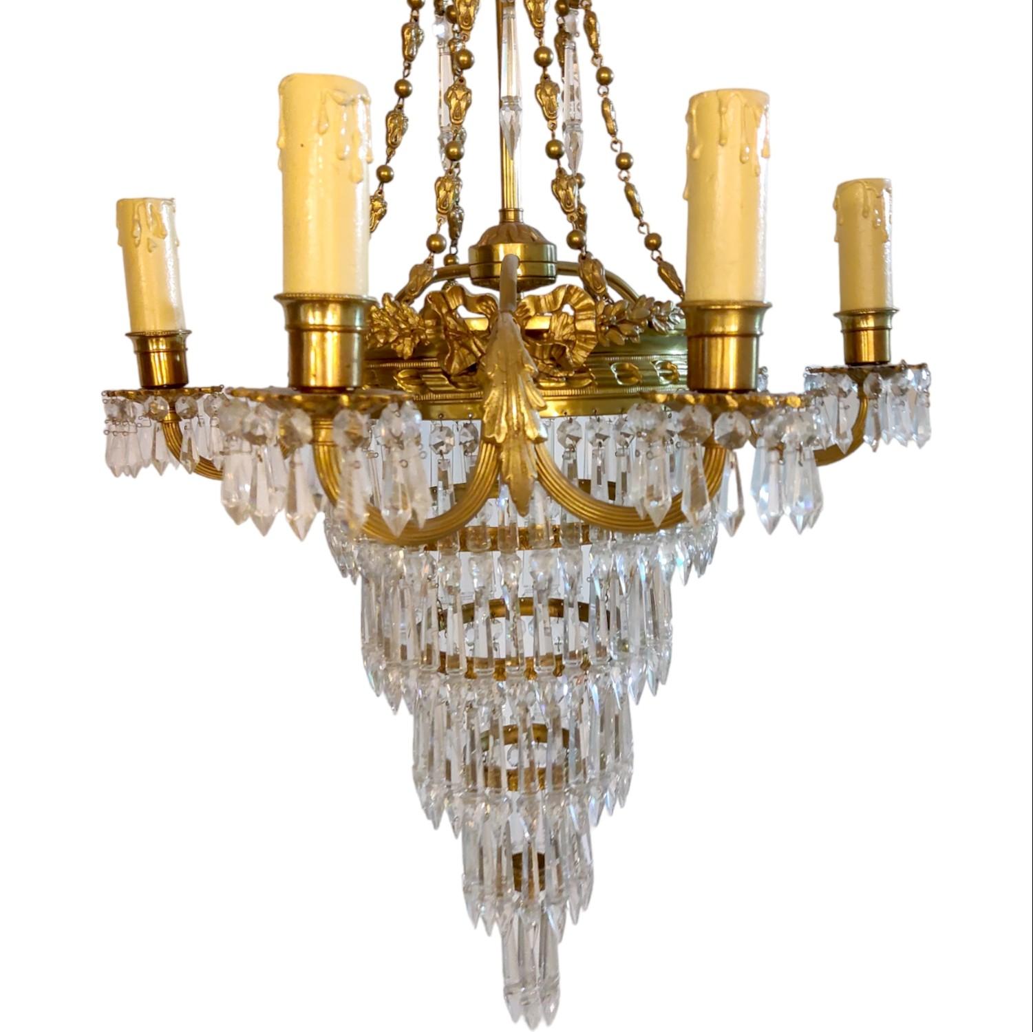 20th Century French Empire Style Crystal Glass and Brass Five-Tired Chandelier, 1930s