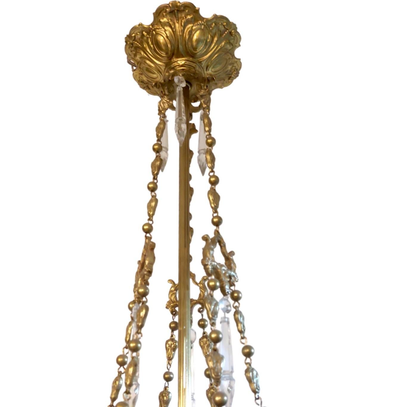 Bronze French Empire Style Crystal Glass and Brass Five-Tired Chandelier, 1930s