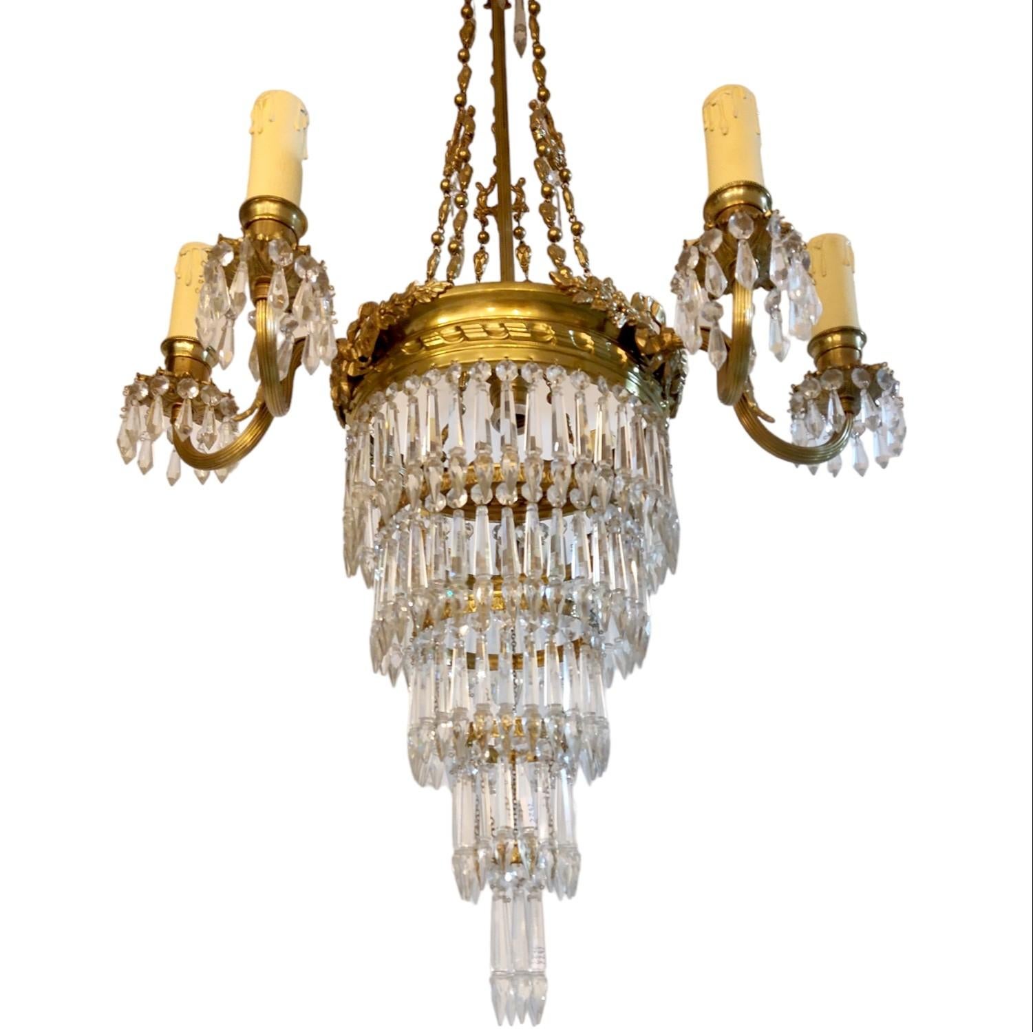 French Empire Style Crystal Glass and Brass Five-Tired Chandelier, 1930s 1