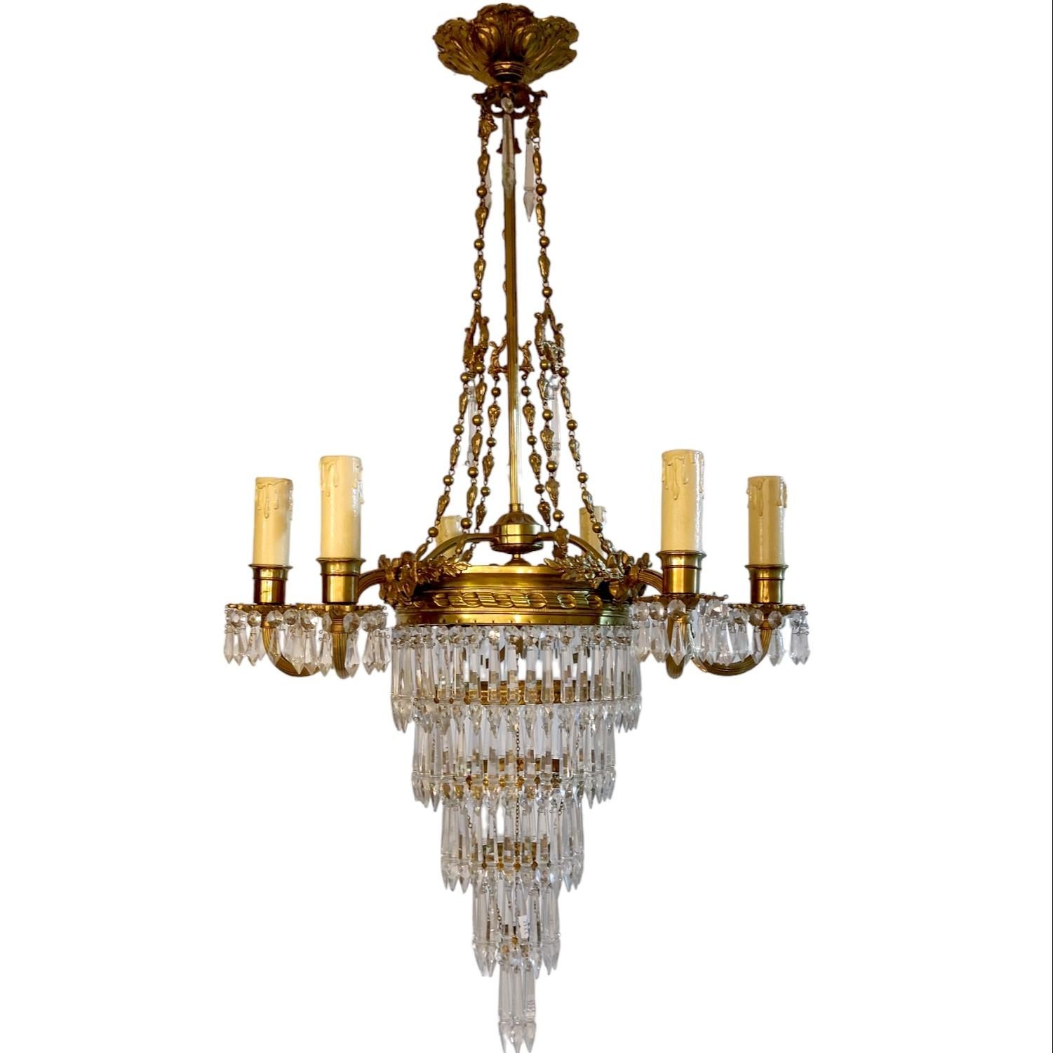 French Empire Style Crystal Glass and Brass Five-Tired Chandelier, 1930s 2