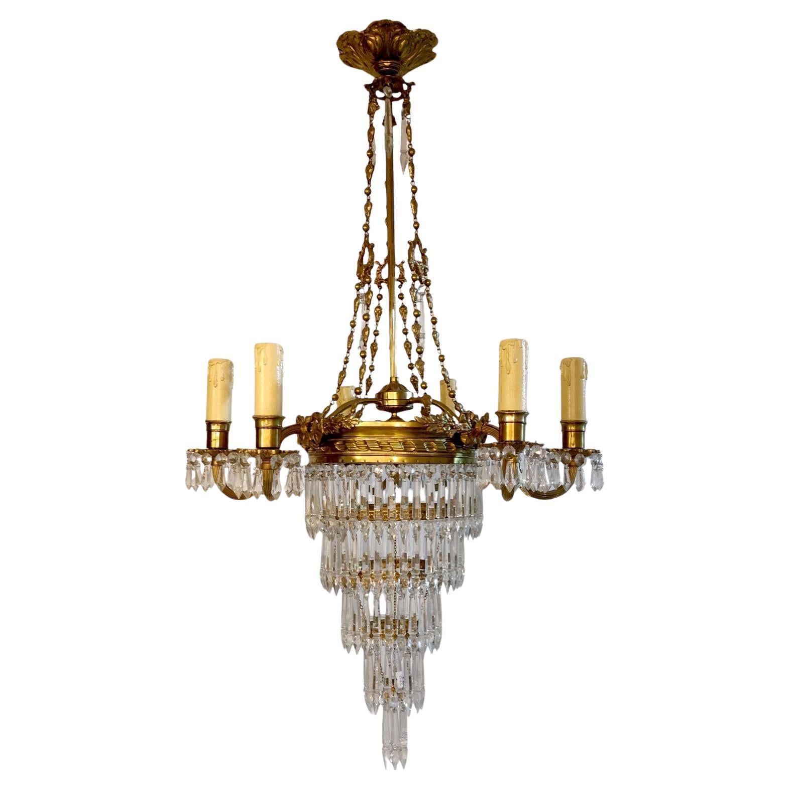 French Empire Style Crystal Glass and Brass Five-Tired Chandelier, 1930s