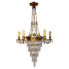 Antique French Empire Style Crystal Glass and Brass Five-Tired Chandelier, 1930s