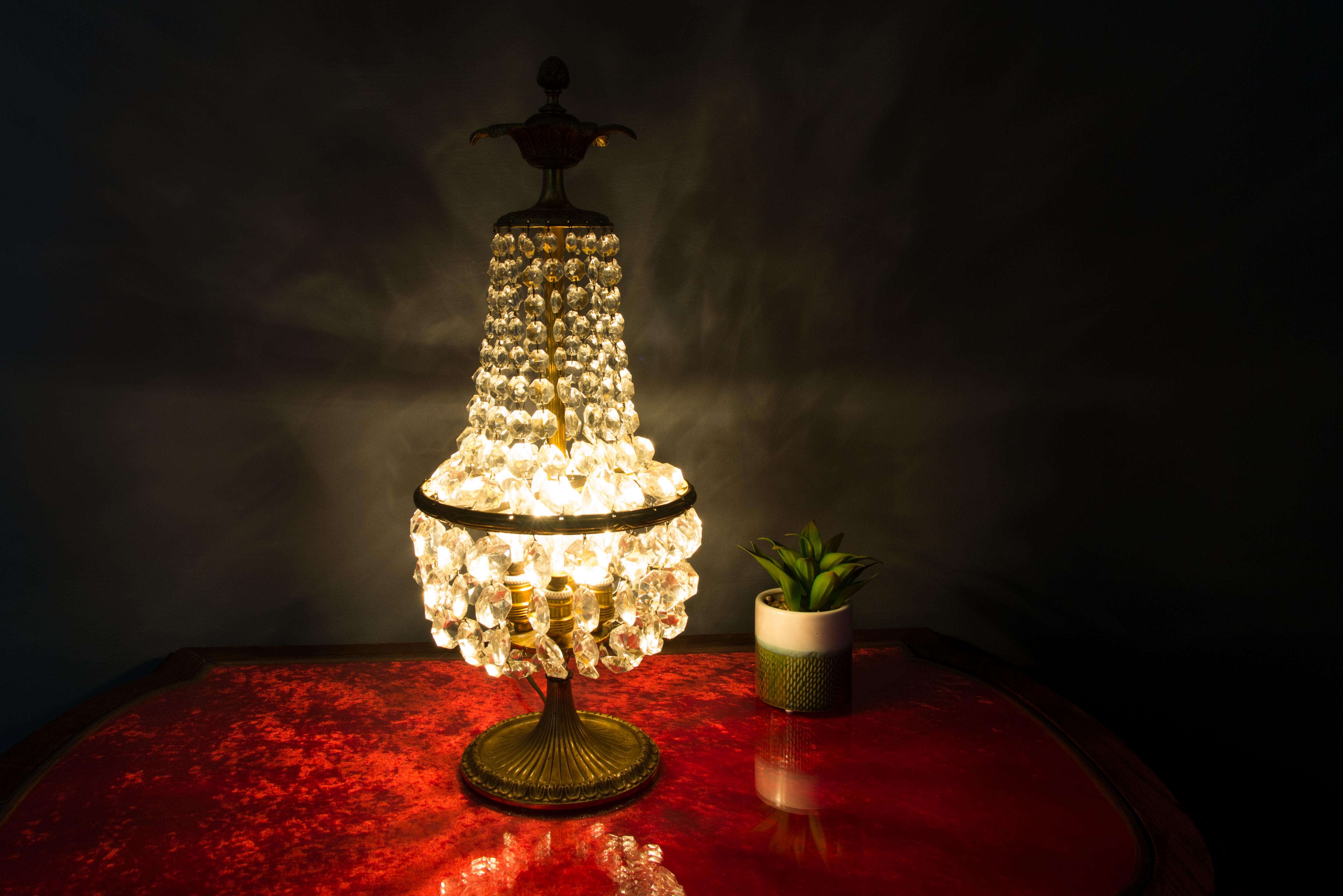 French Empire Style Crystal Glass and Bronze Four-Light Table Lamp, 1950's 15